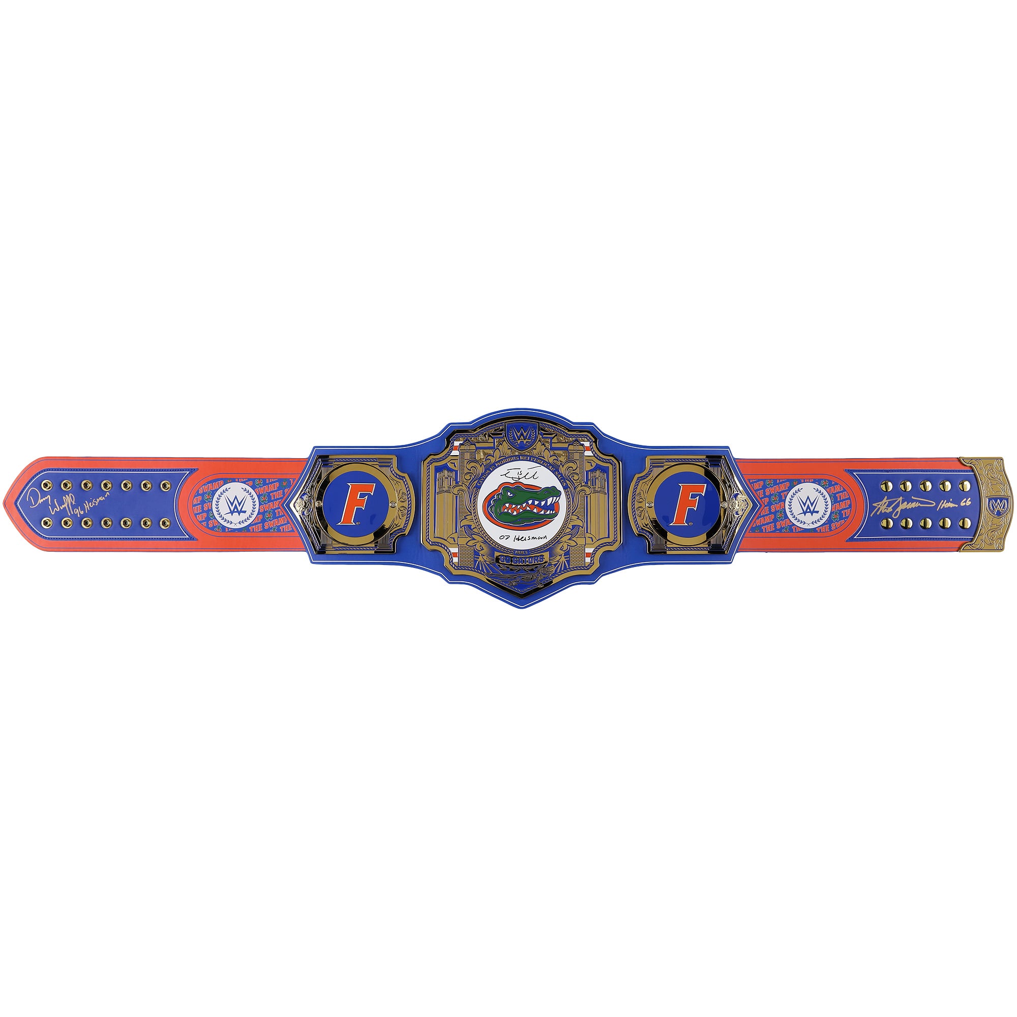 Ceinture de titre WWE des Florida Gators autographiée par Tim Tebow, Steve Spurrier et Danny Wuerffel, avec de multiples inscriptions.