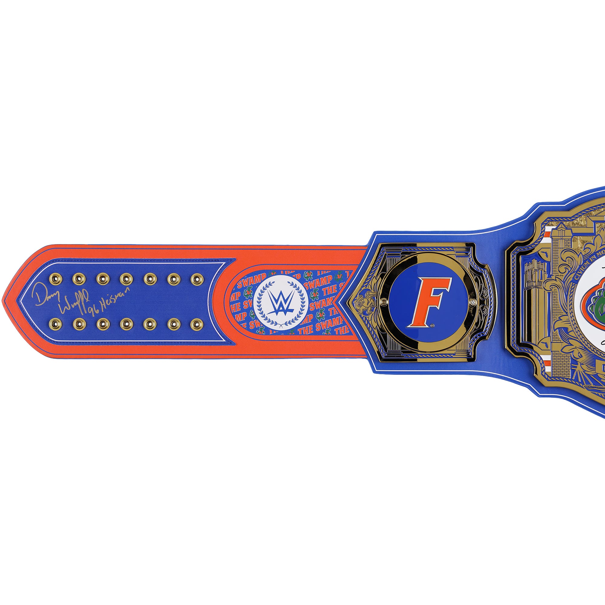 Ceinture de titre WWE des Florida Gators autographiée par Tim Tebow, Steve Spurrier et Danny Wuerffel, avec de multiples inscriptions.