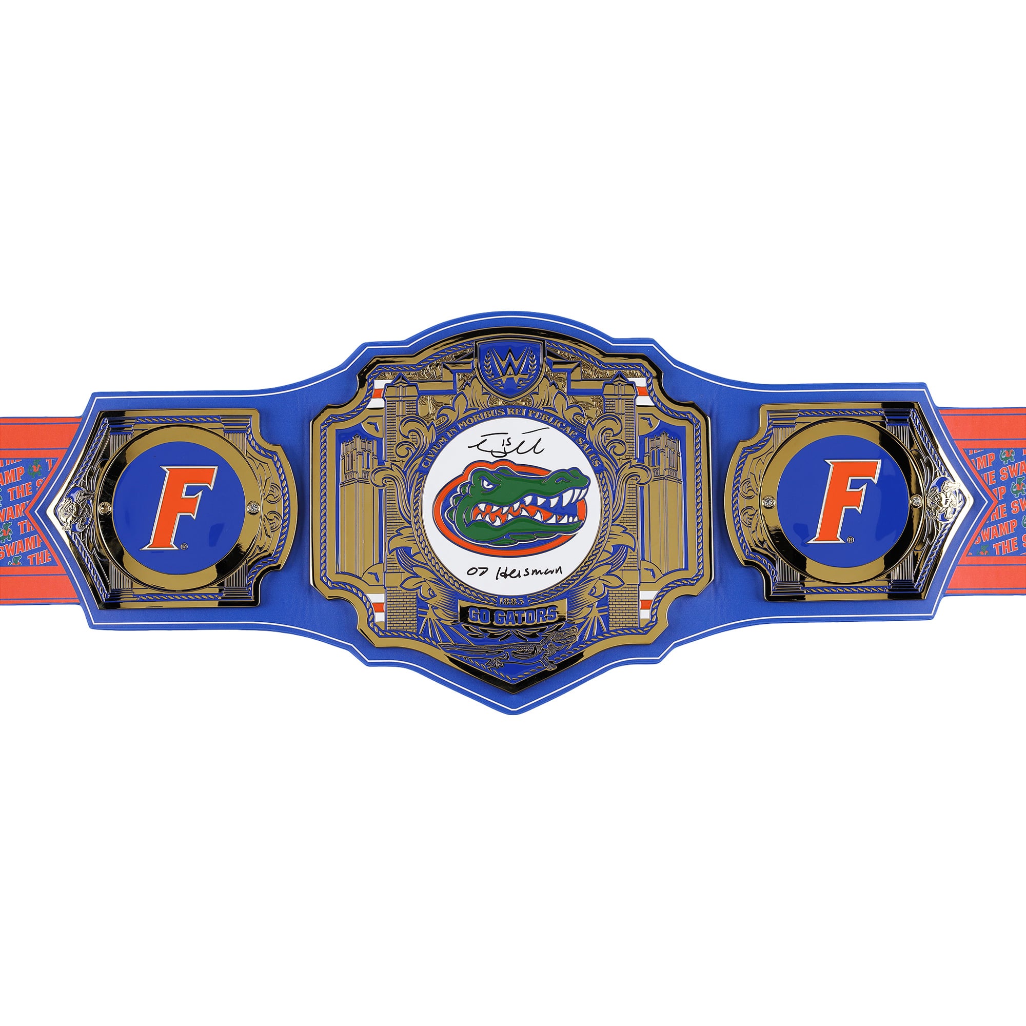 Ceinture de titre WWE des Florida Gators autographiée par Tim Tebow, Steve Spurrier et Danny Wuerffel, avec de multiples inscriptions.