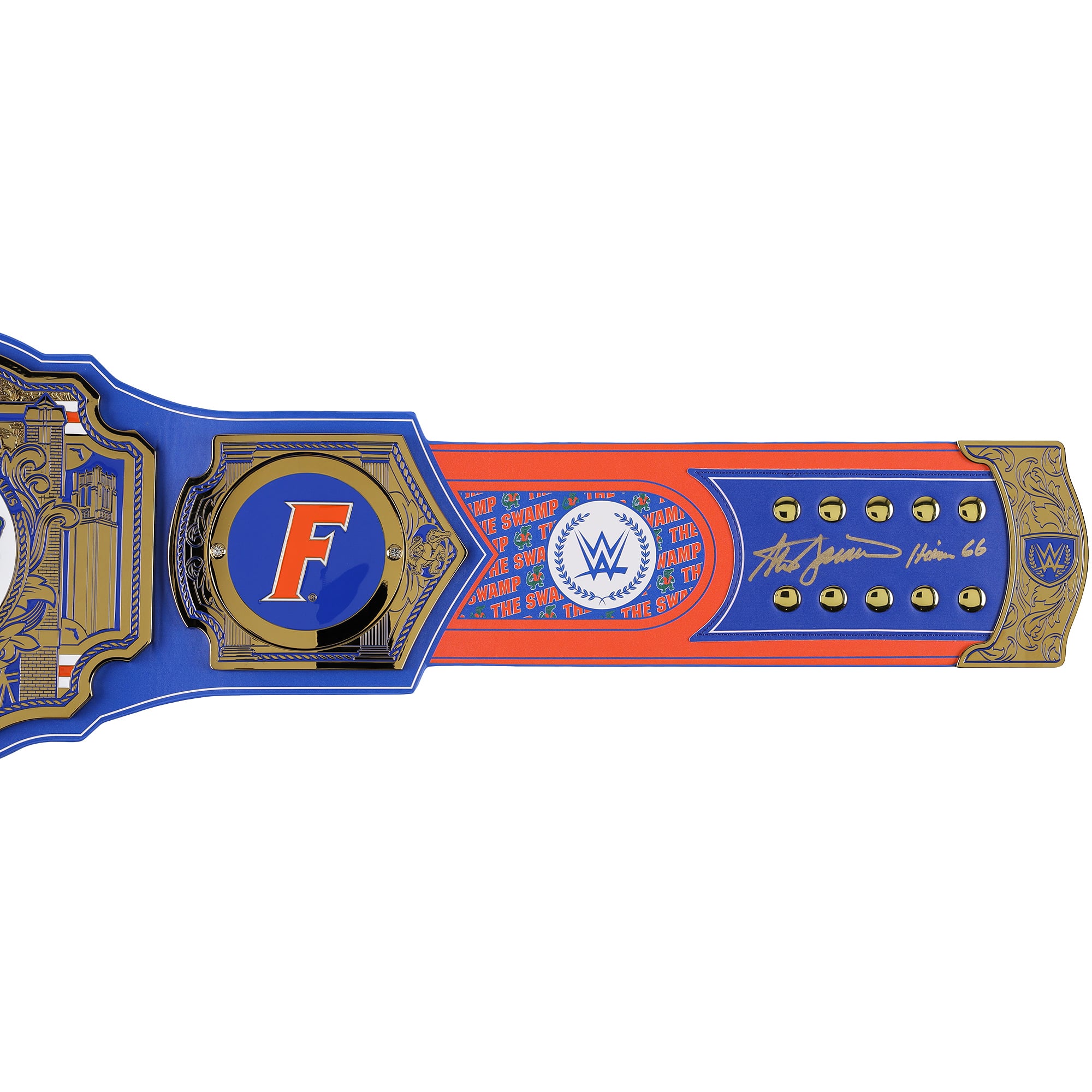 Ceinture de titre WWE des Florida Gators autographiée par Tim Tebow, Steve Spurrier et Danny Wuerffel, avec de multiples inscriptions.