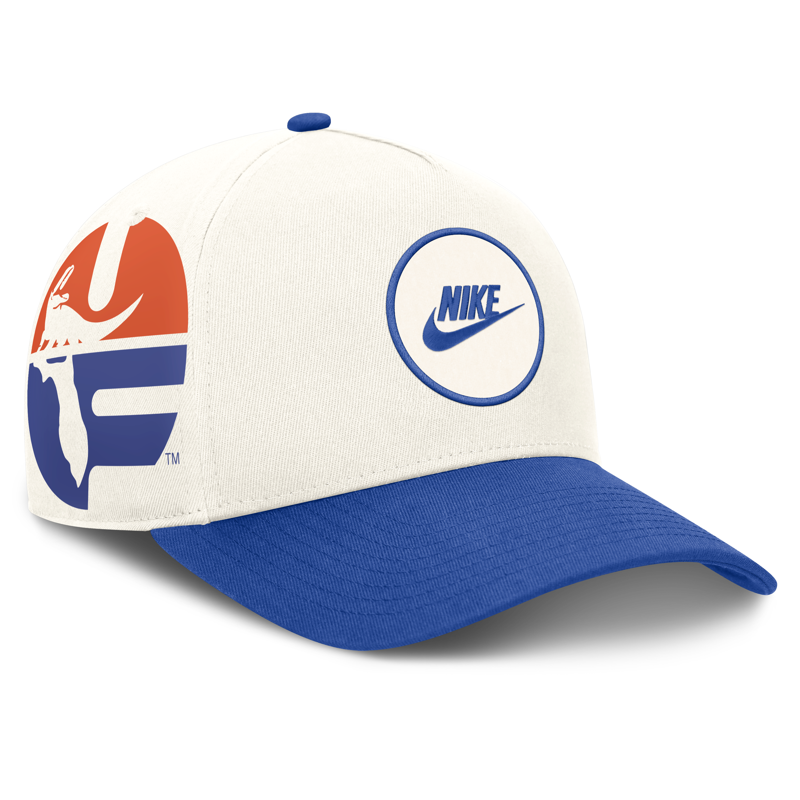 Casquette unisexe Nike blanche/bleu roi Florida Gators Rise avec logo latéral et technologie Dri-FIT ajustable