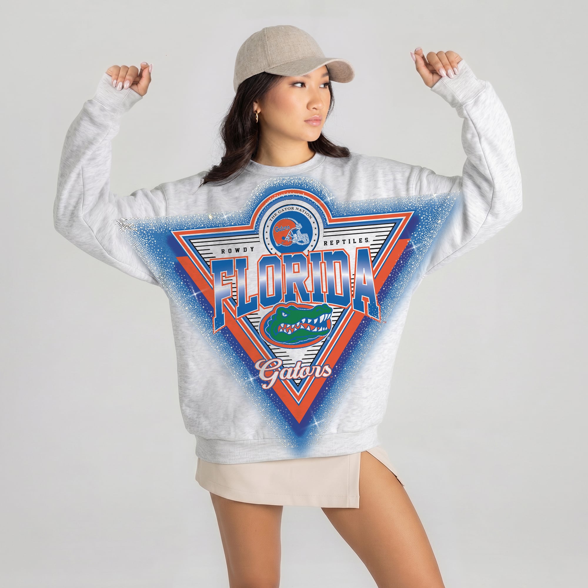 Women's Gameday Couture Gray Florida Gators Chasing Victory Rhinestone Spray Oversized Fleece Sweatshirt