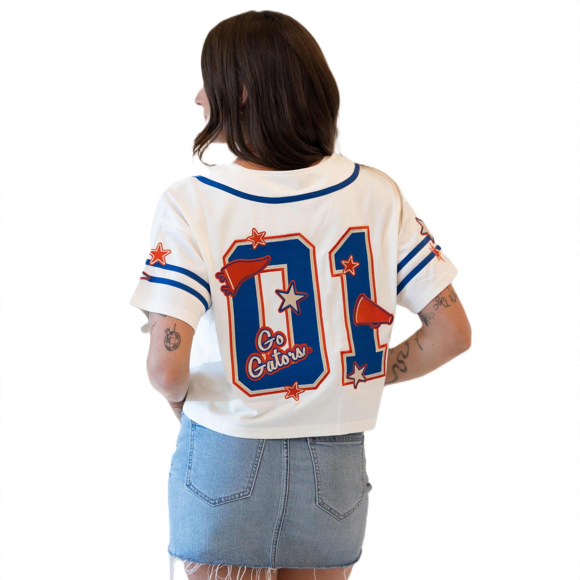 Maillot de baseball court à patch Off White Florida Gators pour femmes, collection Gameday Social.