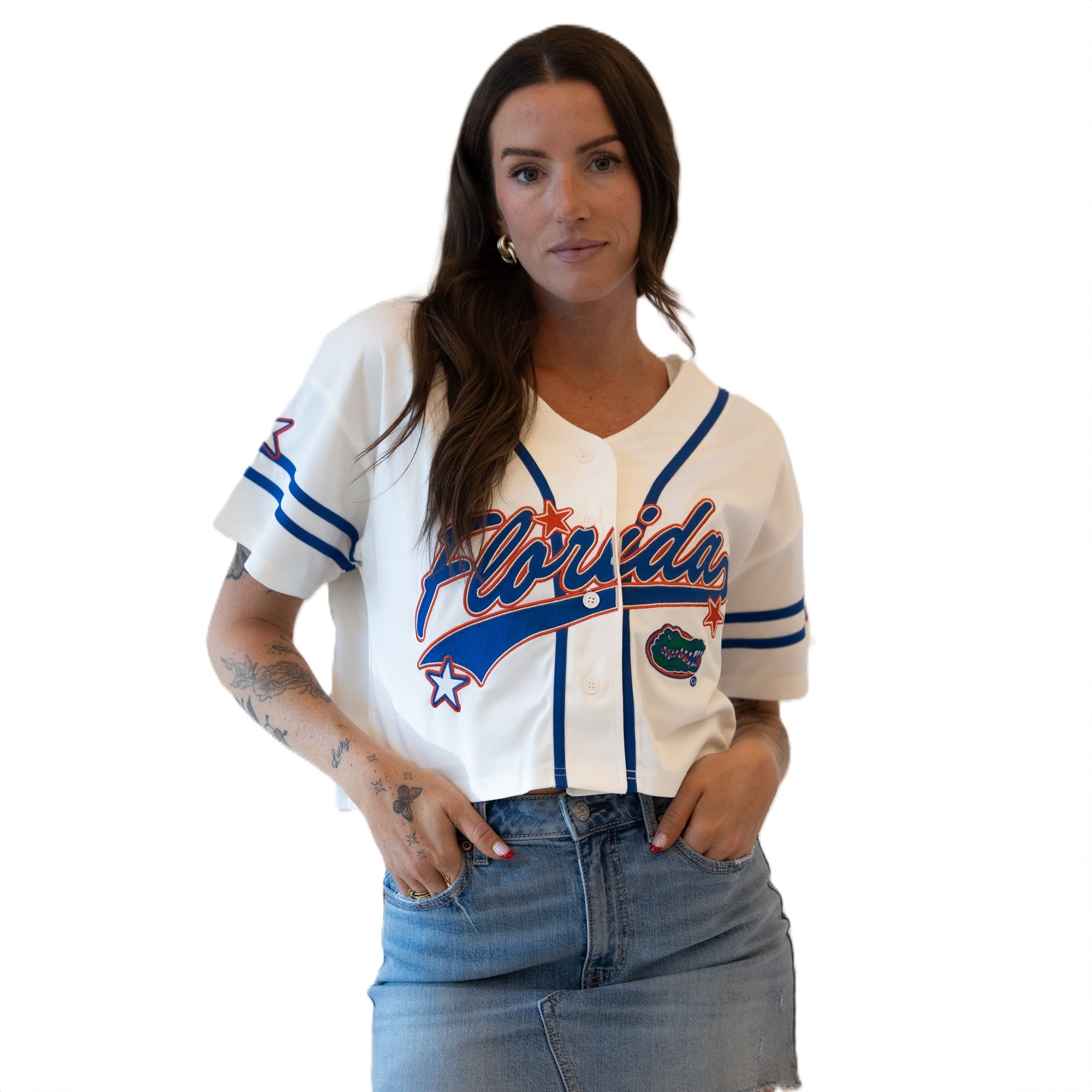 Maillot de baseball court à patch Off White Florida Gators pour femmes, collection Gameday Social.