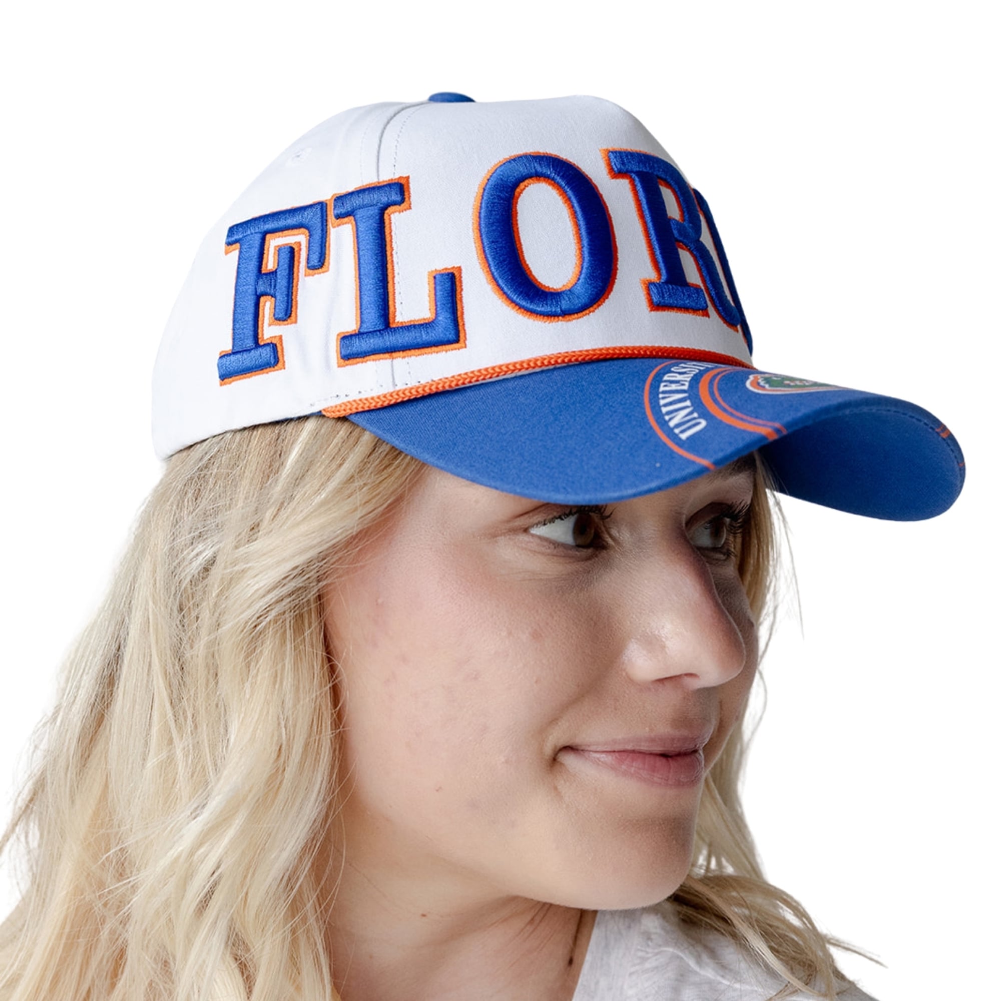 Casquette ajustable à cinq panneaux Florida Gators, blanche/bleu roi, pour femmes, idéale pour les jours de match.