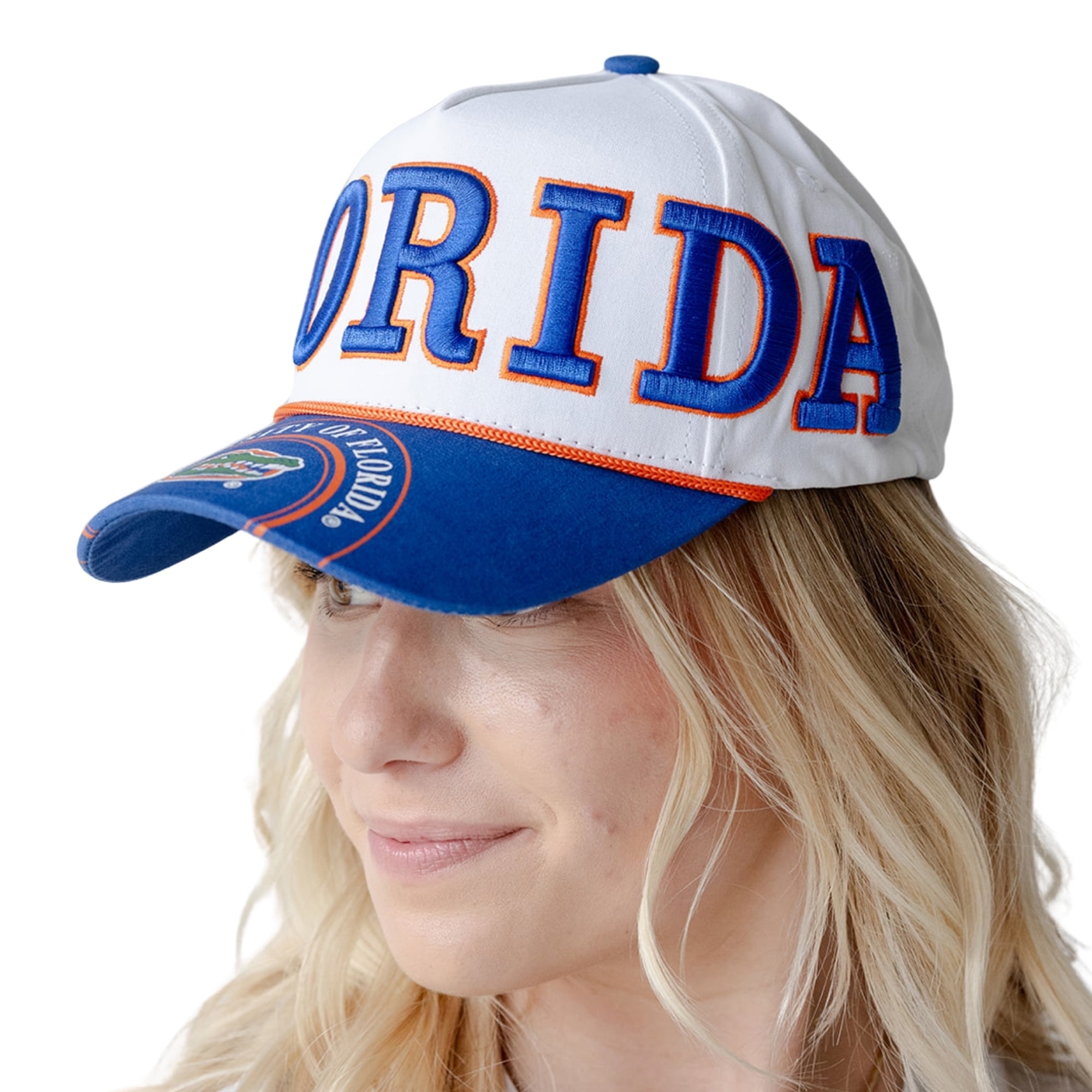 Casquette ajustable à cinq panneaux Florida Gators, blanche/bleu roi, pour femmes, idéale pour les jours de match.