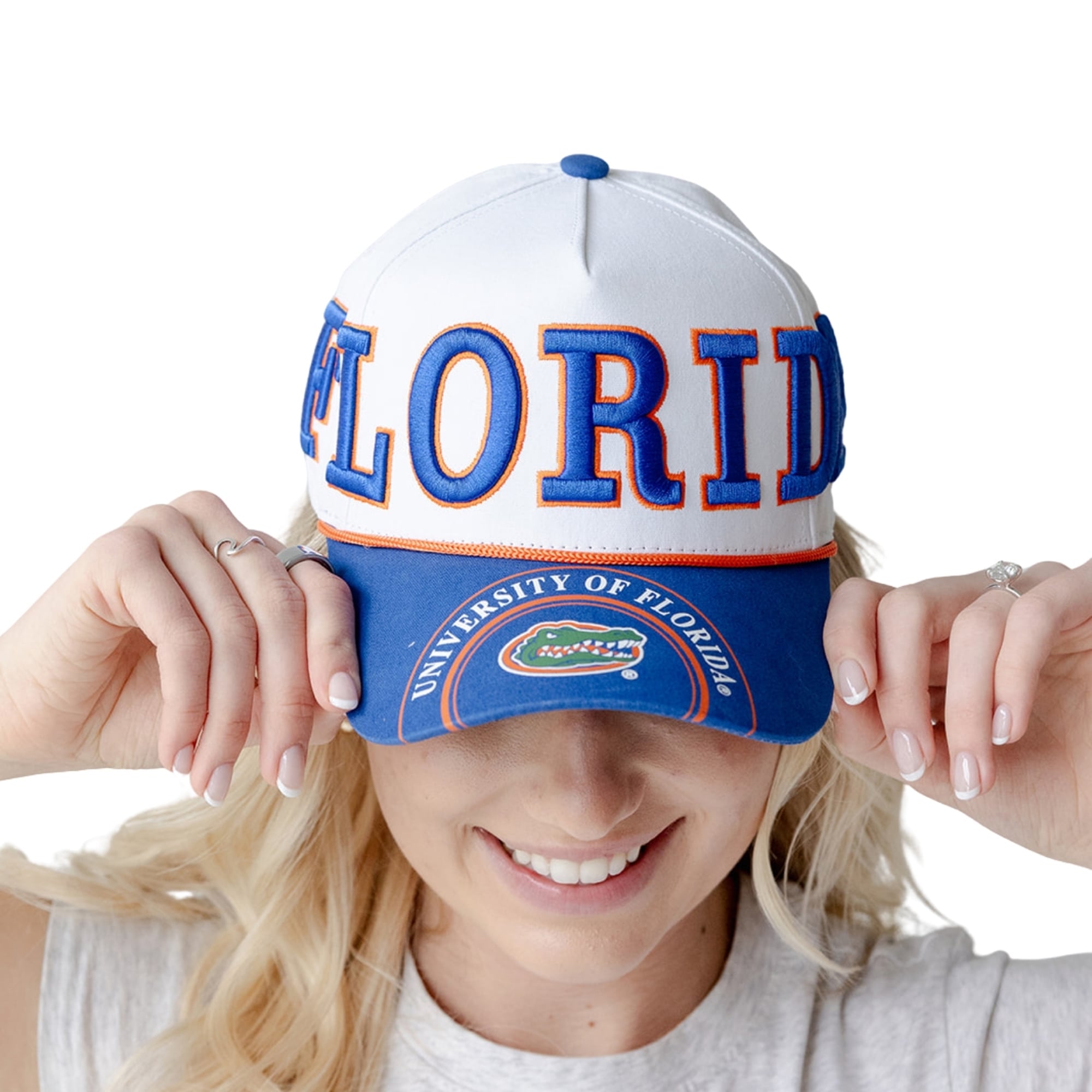 Casquette ajustable à cinq panneaux Florida Gators, blanche/bleu roi, pour femmes, idéale pour les jours de match.