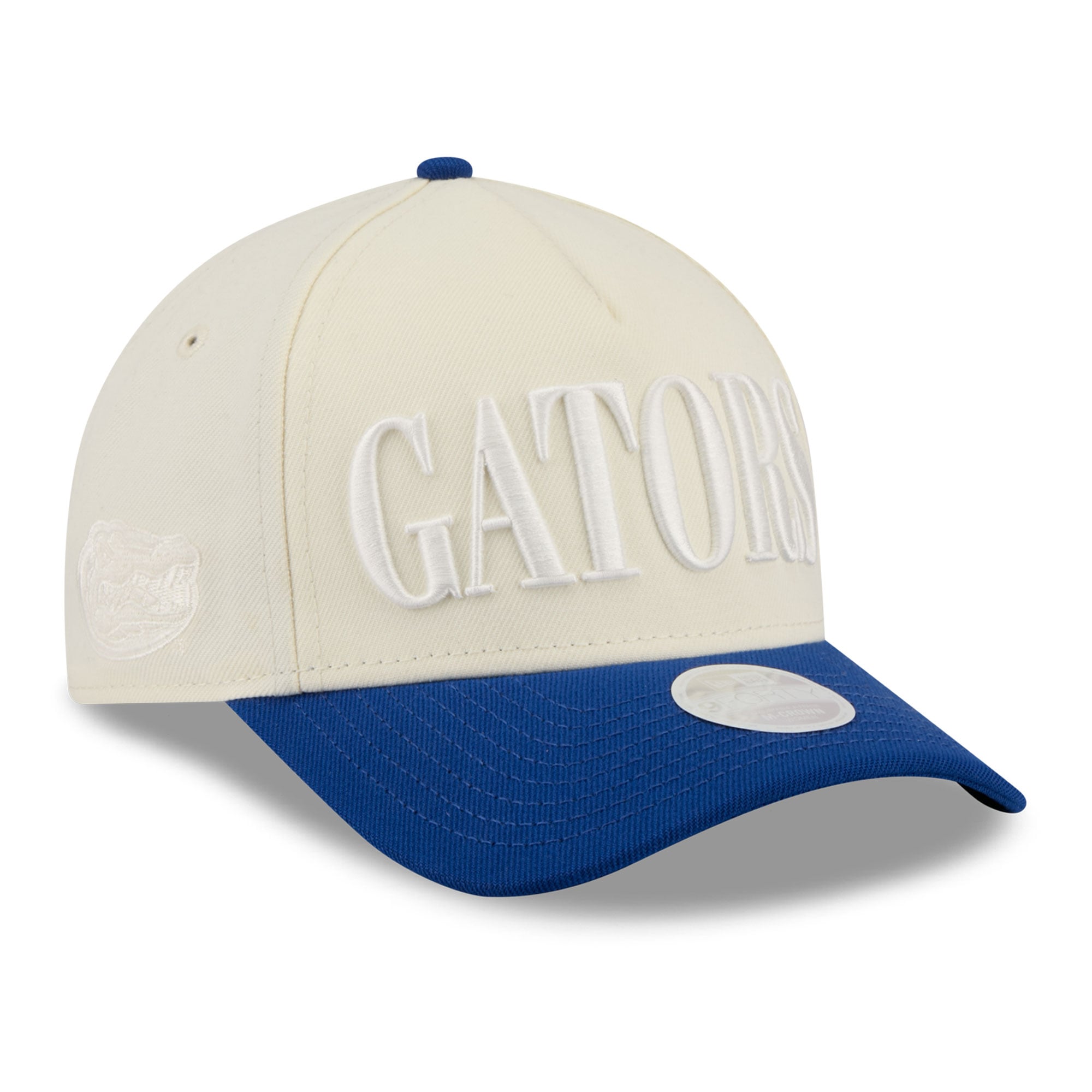 Casquette ajustable New Era 9FORTY A-Frame blanche et royale pour femme, modèle Florida Gators.