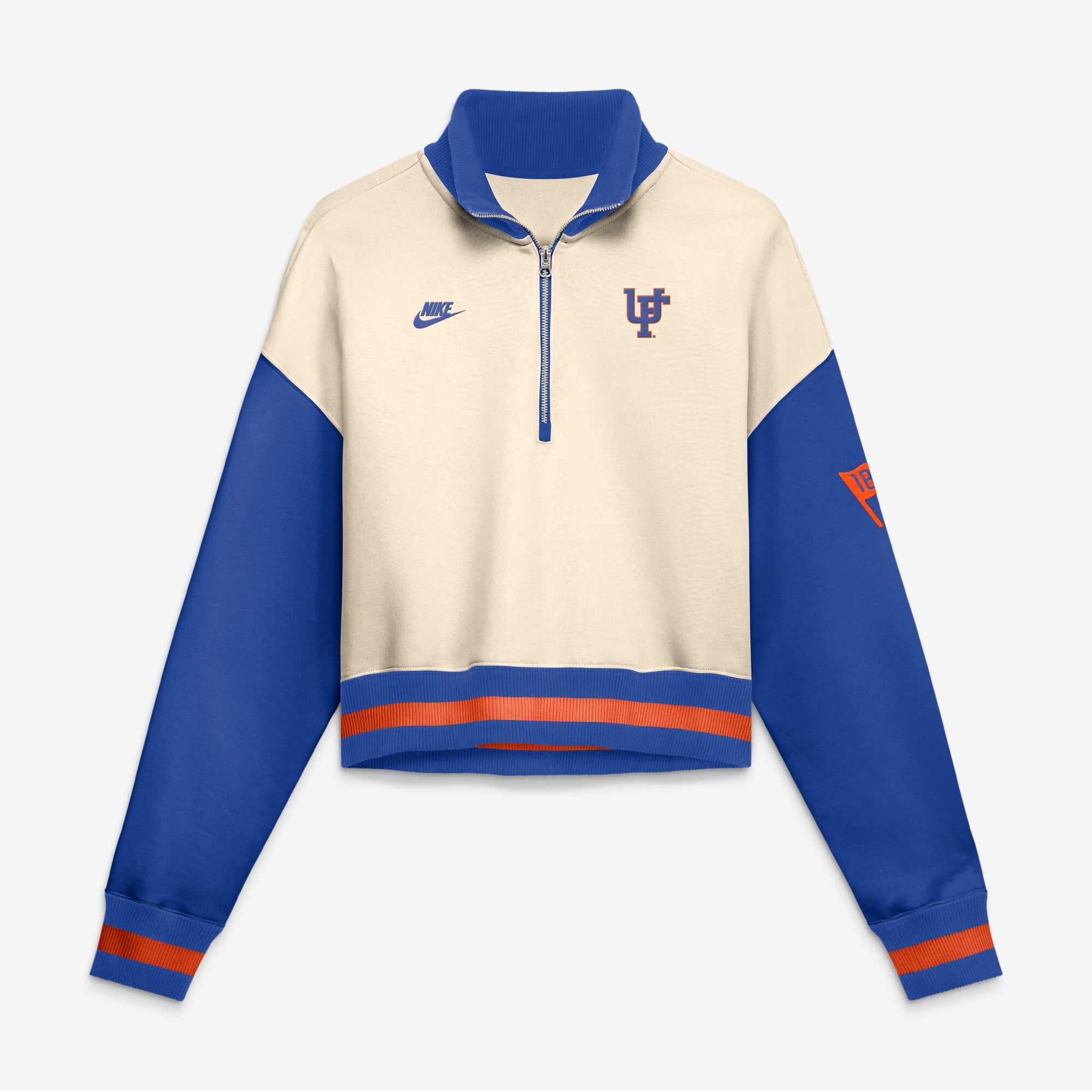 Women's Nike Natural/Royal Florida Gators Oversized Legacy Color Block Cropped Quarter-Zip Pullover