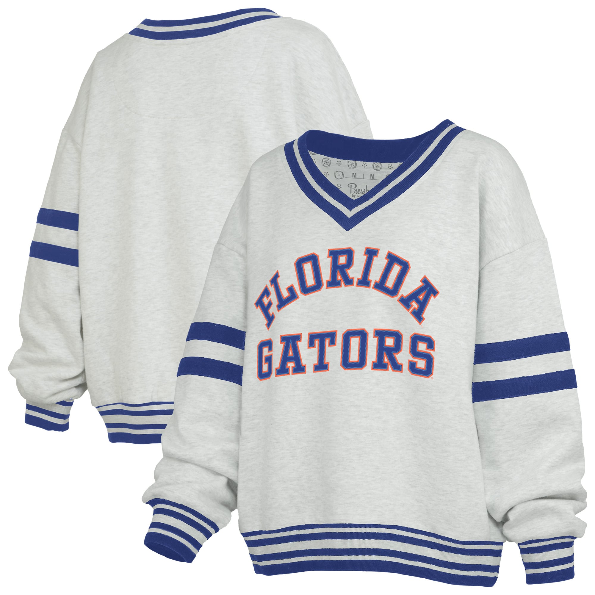 Sweat-shirt à col en V sergé Oates gris chiné/bleu royal pour femmes de la marque Pressbox, modèle Florida Gators.