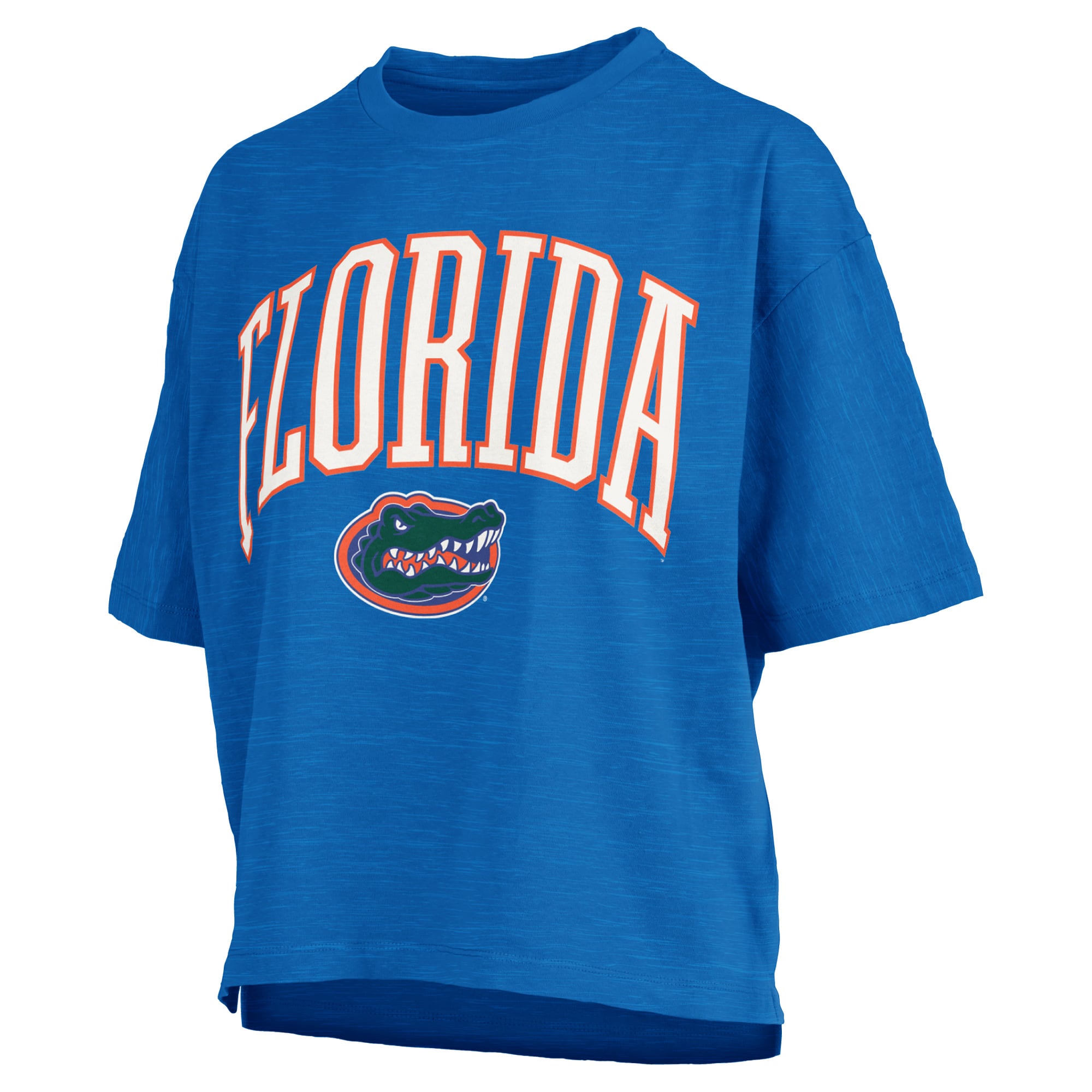 T-shirt oversize Pressbox Royal Florida Gators pour femmes, logo Nelson Arch Over, en flammèche
