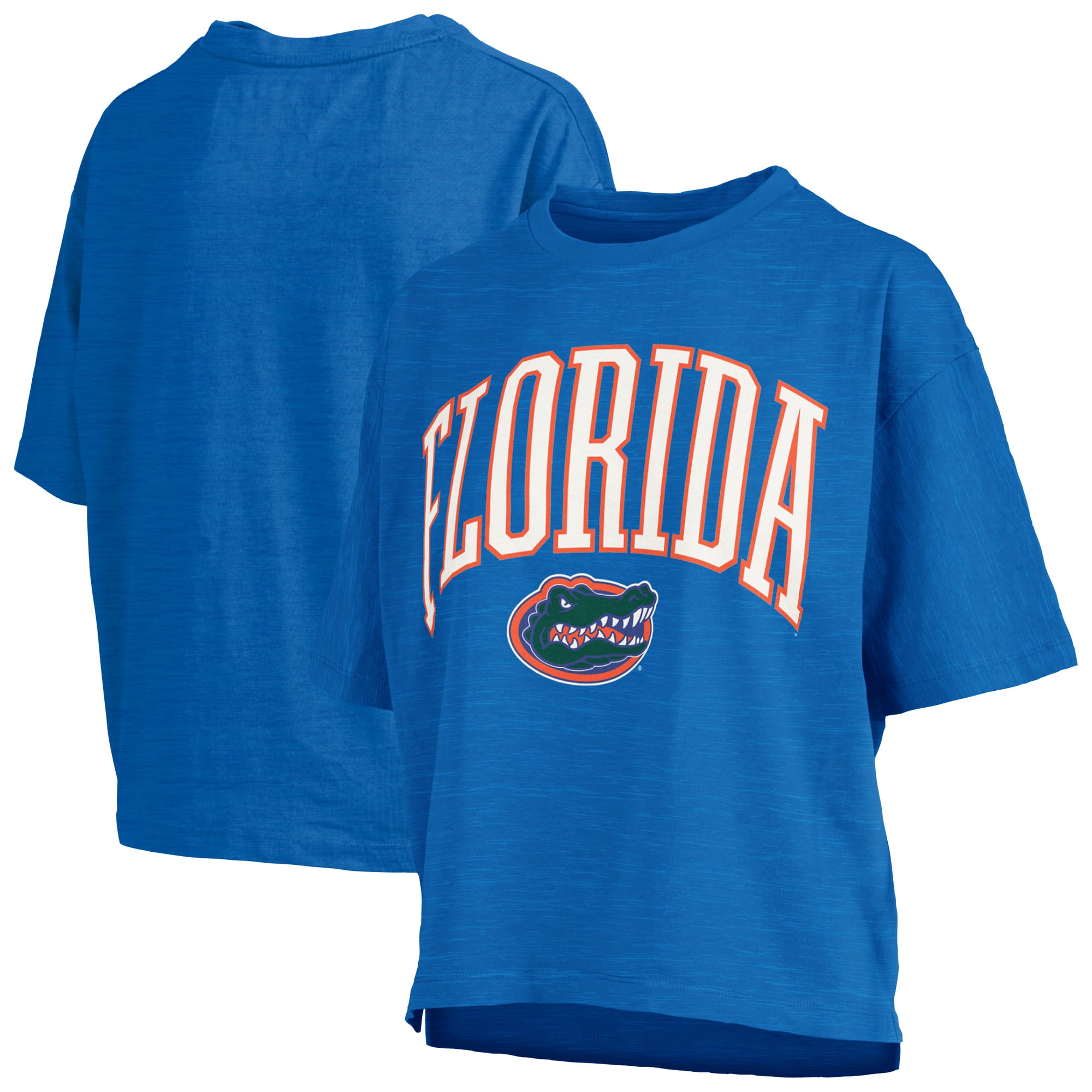 T-shirt oversize Pressbox Royal Florida Gators pour femmes, logo Nelson Arch Over, en flammèche