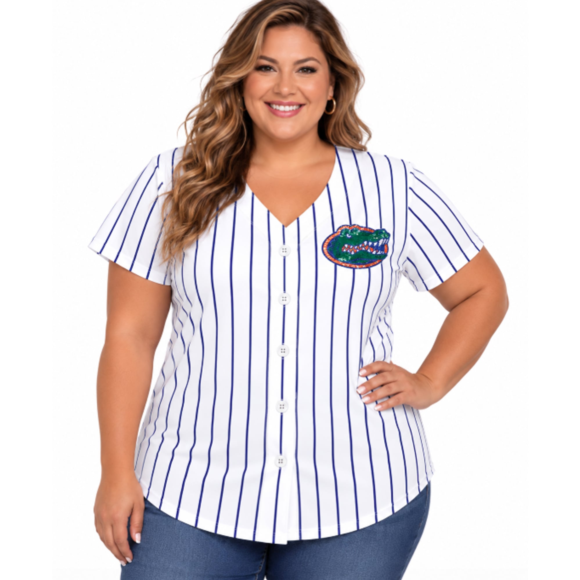 Women's Profile White/Royal Florida Gators Plus Stripe Glitter Button-Up Fashion Jersey Top
