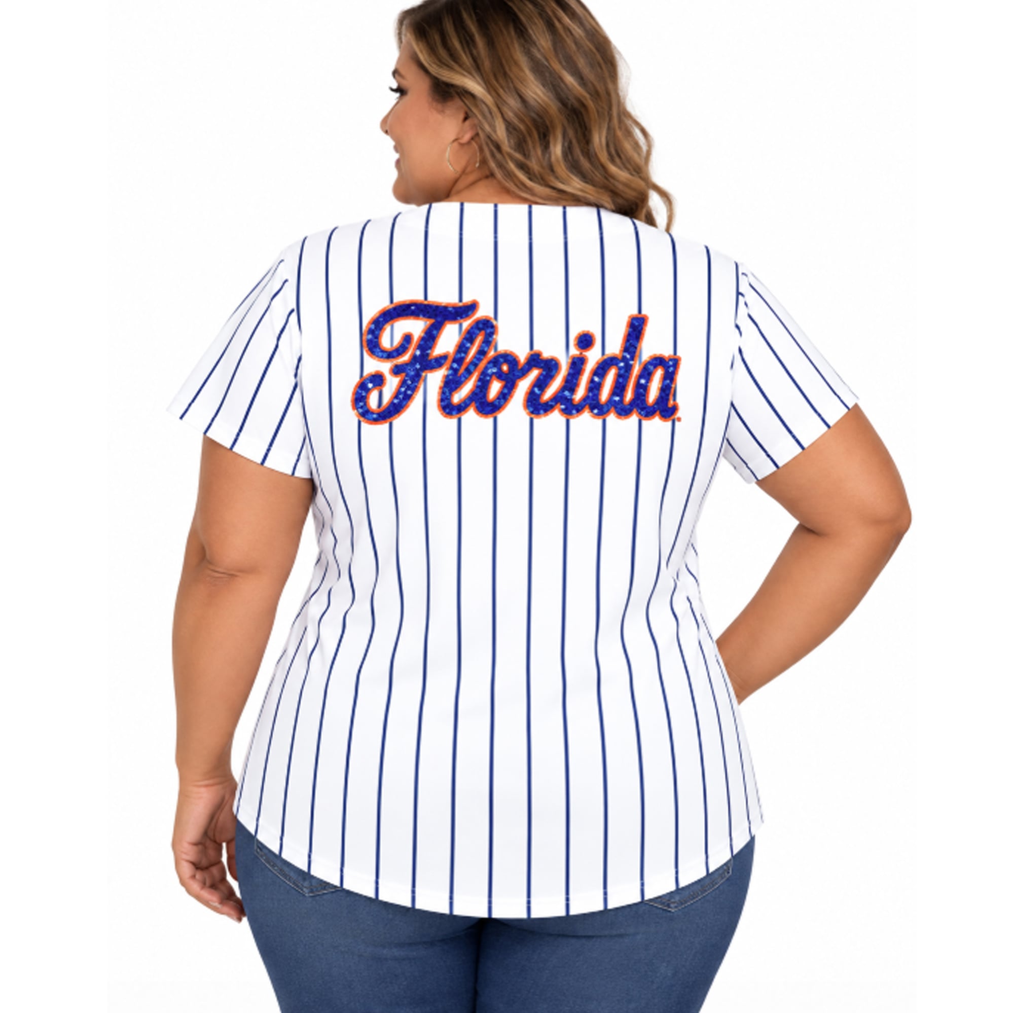 Women's Profile White/Royal Florida Gators Plus Stripe Glitter Button-Up Fashion Jersey Top