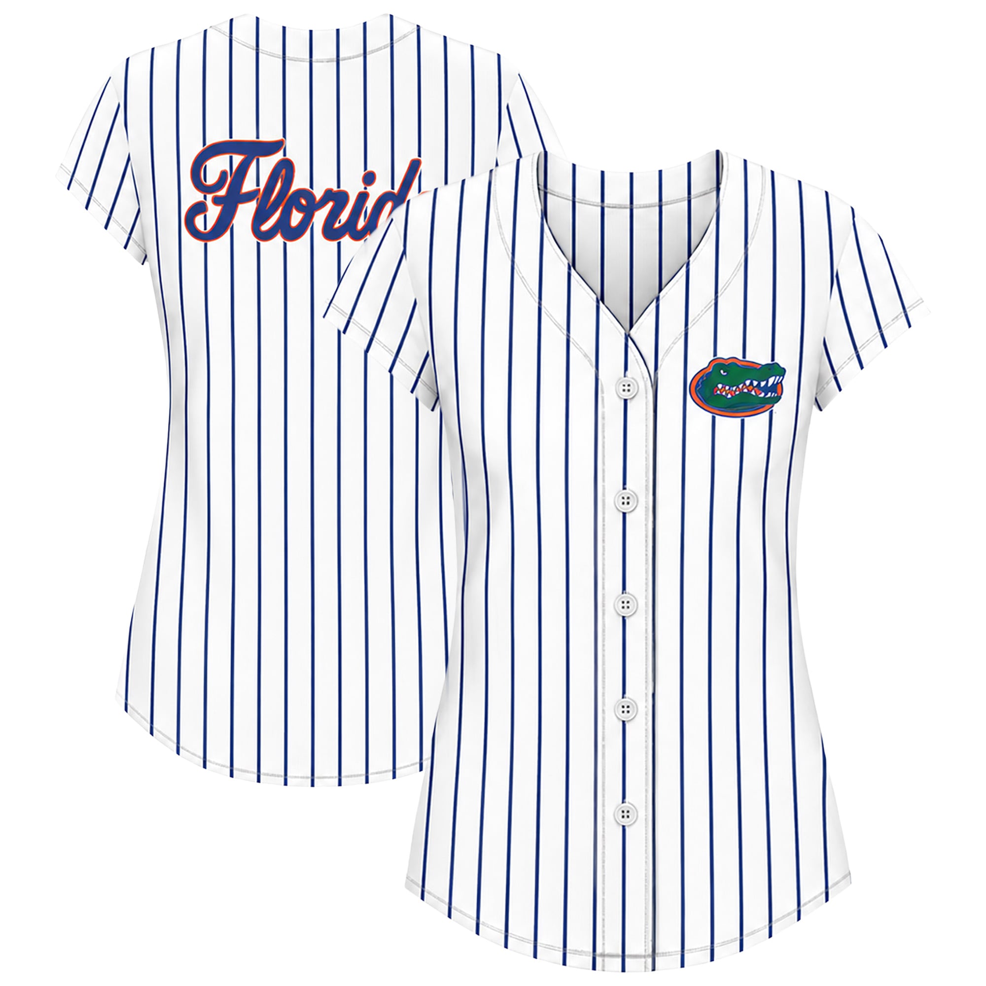 Women's Profile White/Royal Florida Gators Plus Stripe Glitter Button-Up Fashion Jersey Top