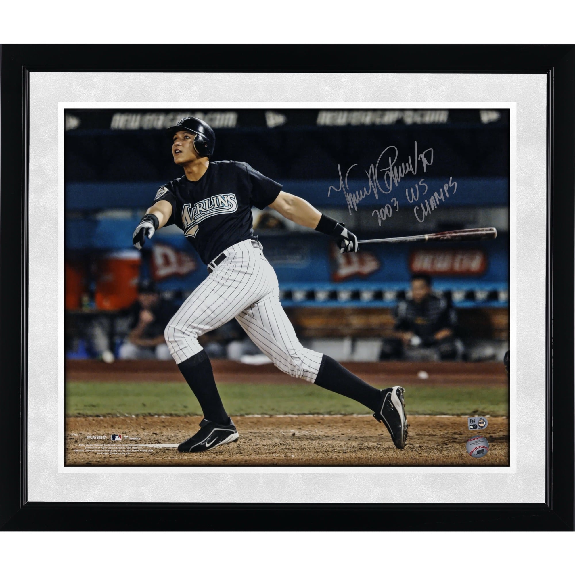 Miguel Cabrera Florida Marlins Autographed 16" x 20" 2003 World Series Hit Photograph with "2003 WS Champs" Inscription
