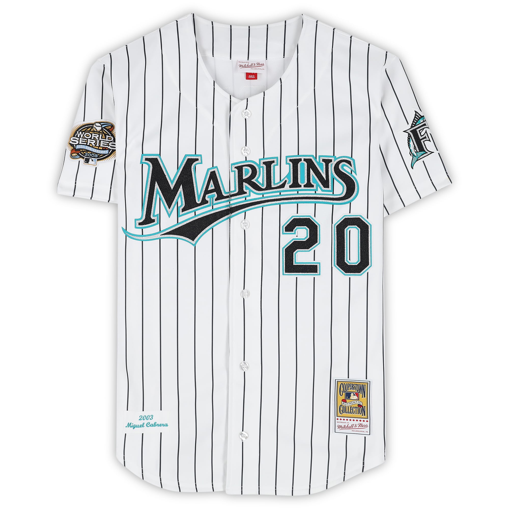 Maillot authentique Mitchell & Ness blanc autographié de Miguel Cabrera, des Marlins de la Floride (2003)