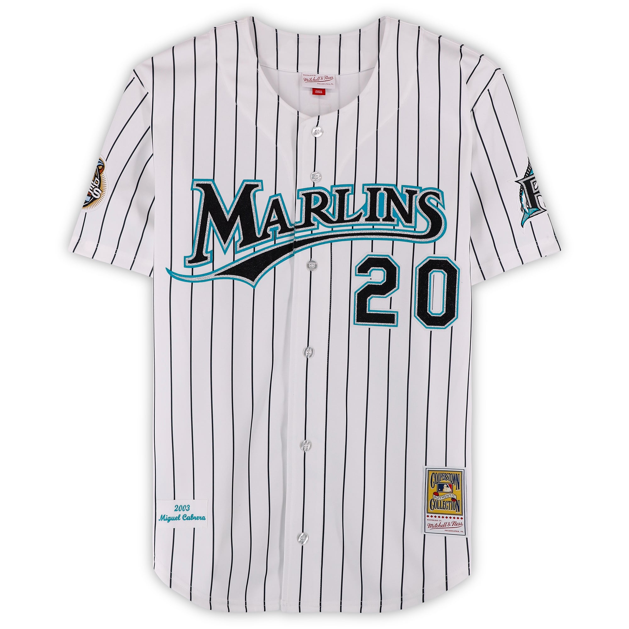 Maillot authentique Mitchell & Ness blanc autographié par Miguel Cabrera des Marlins de la Floride (édition 2003) avec inscription « Champions des Séries mondiales 2003 ».