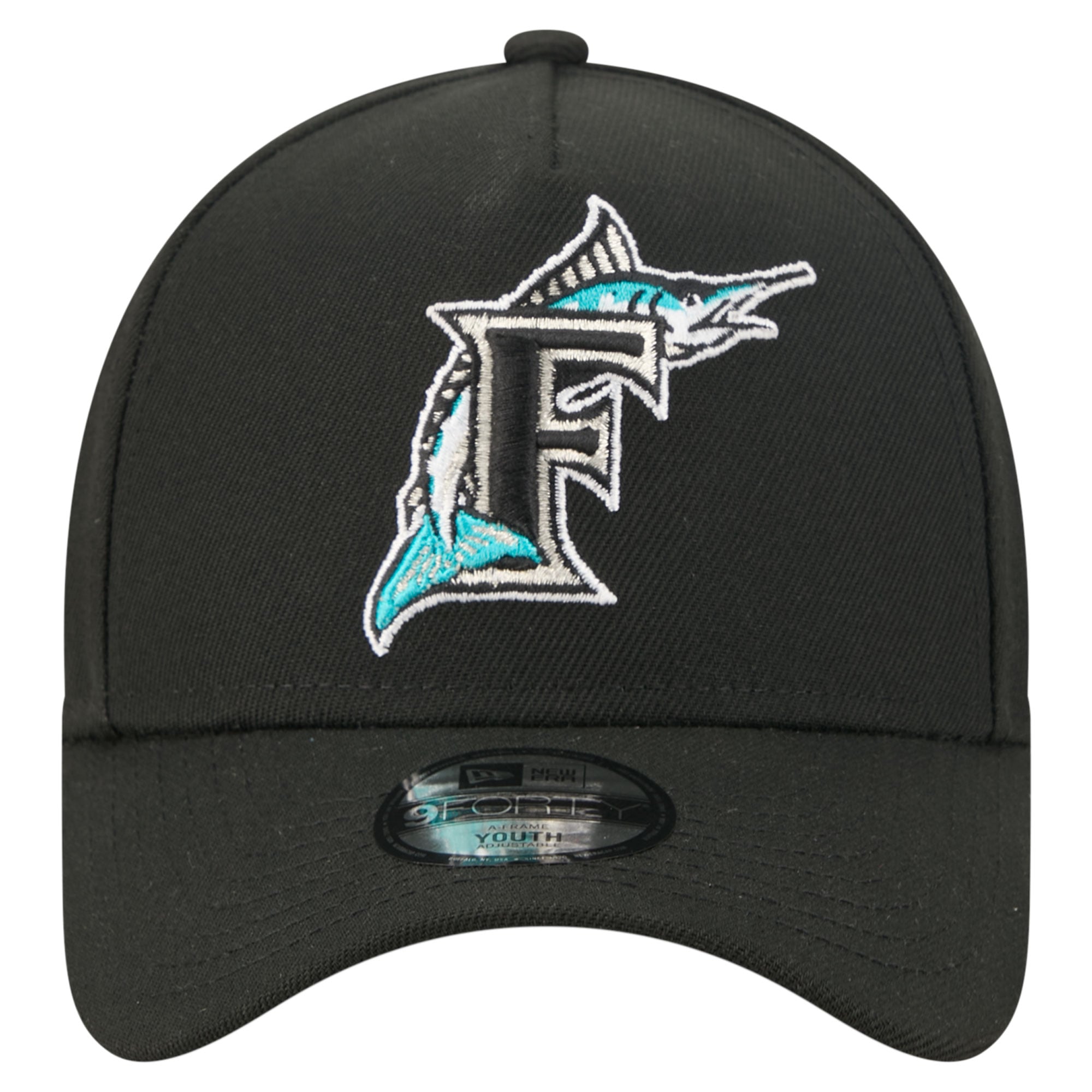 Youth New Era Black Florida Marlins Cooperstown Logo 9FORTY A-Frame Adjustable Hat