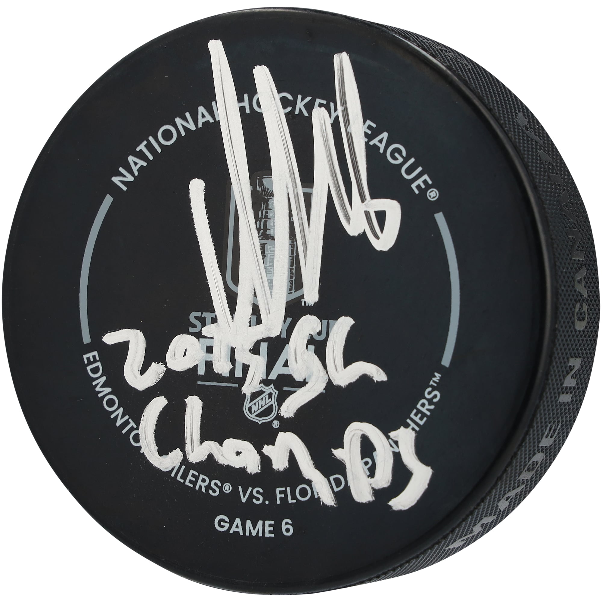 Aleksander Barkov, rondelle officielle de match autographiée par les Panthers de la Floride, champions de la Coupe Stanley 2025, avec l'inscription « 2025 SC Champs »