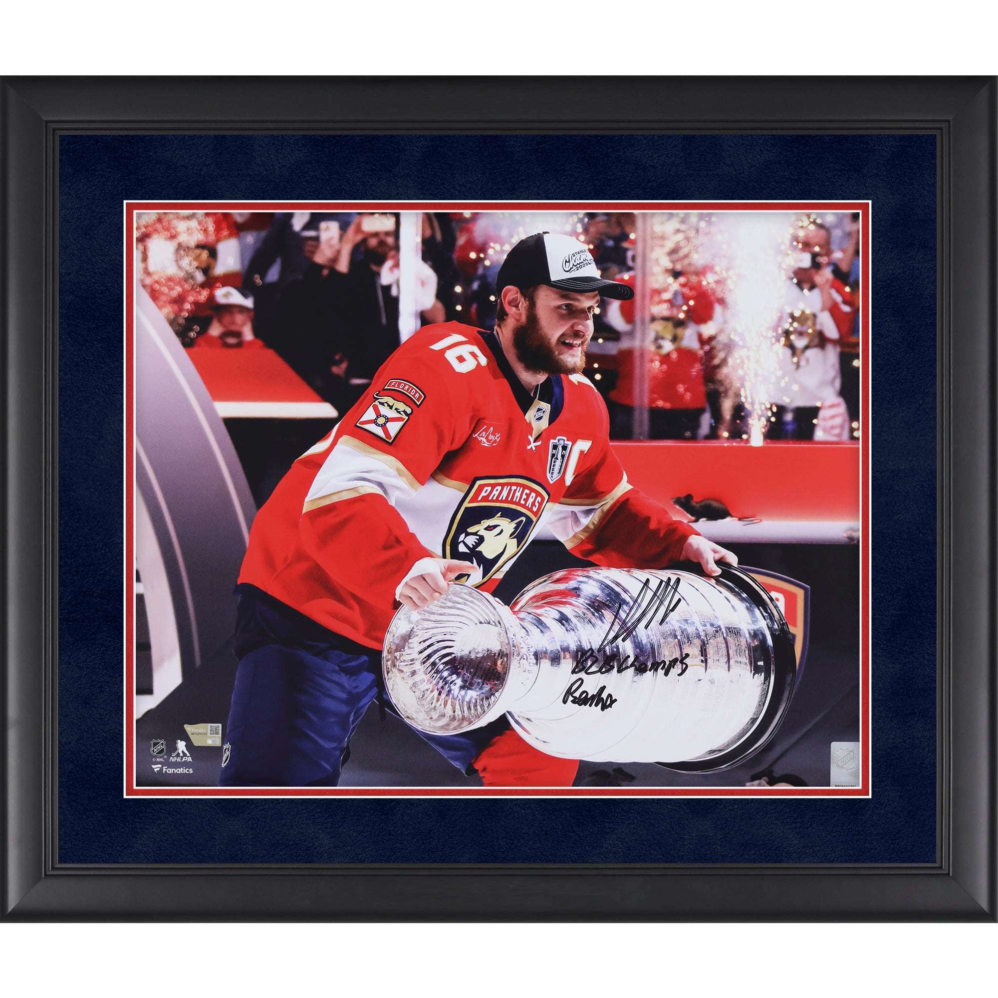 Aleksander Barkov Florida Panthers Autographed Framed 16" x 20" 2025 Stanley Cup Champions Raising Cup Photograph with Multiple Inscriptions - Suede Mat Upgrade - Limited Edition of 50