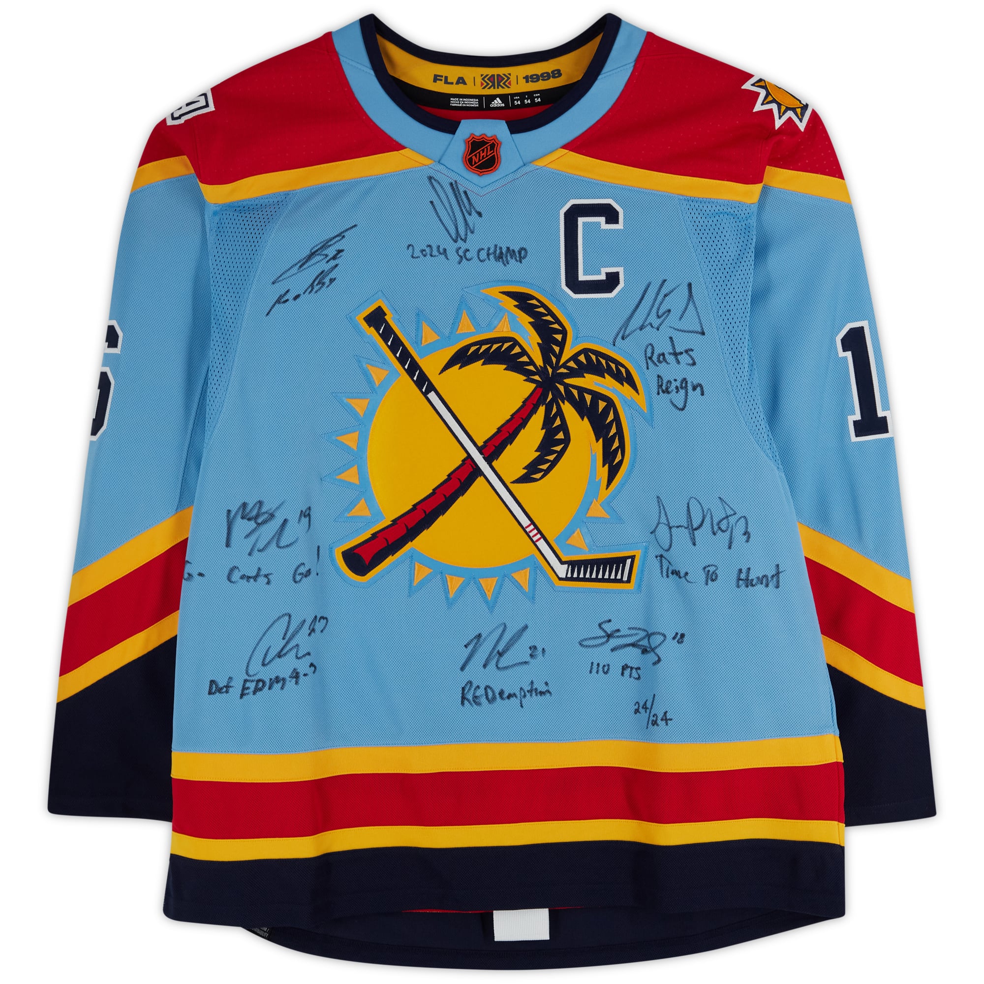Florida Panthers 2024 Stanley Cup Champions Autographed 2022-23 Reverse Retro Light Blue adidas Authentic Jersey with Multiple Signatures and Inscriptions - Limited Edition #24/24