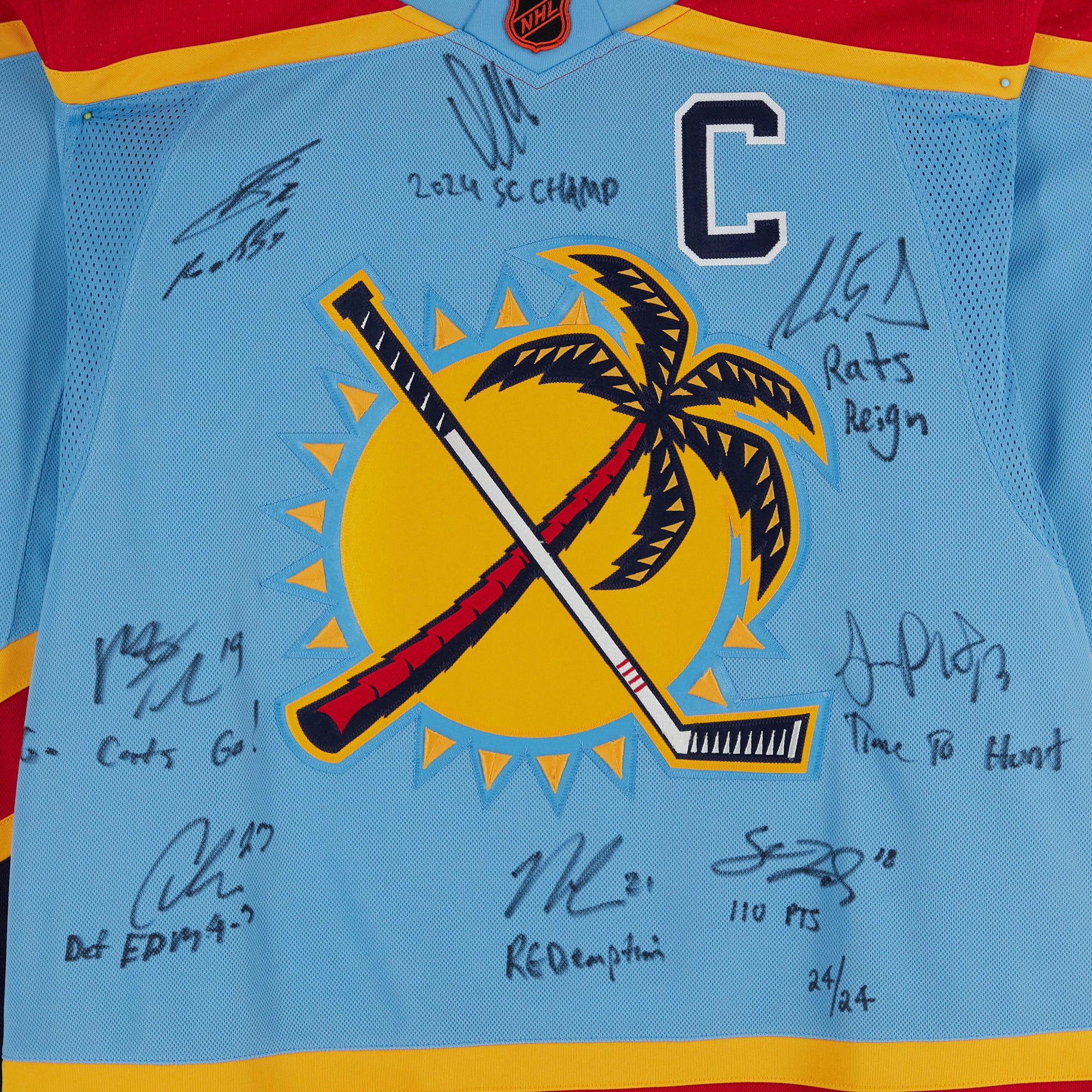 Florida Panthers 2024 Stanley Cup Champions Autographed 2022-23 Reverse Retro Light Blue adidas Authentic Jersey with Multiple Signatures and Inscriptions - Limited Edition #24/24