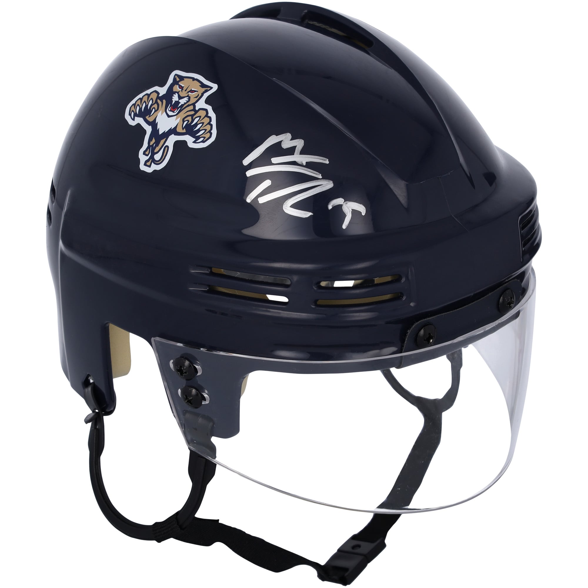 Casque miniature bleu marine autographié par Matthew Tkachuk des Panthers de la Floride