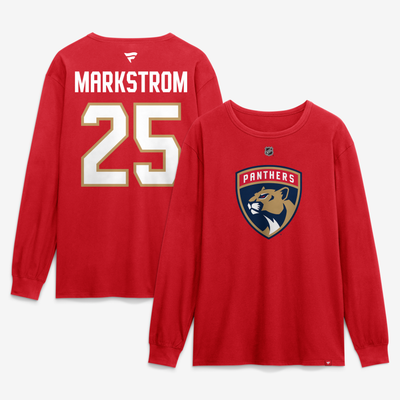 T-shirt à manches longues authentique Fanatics rouge des Panthers de la Floride, Jacob Markstrom, avec nom et numéro superposés.