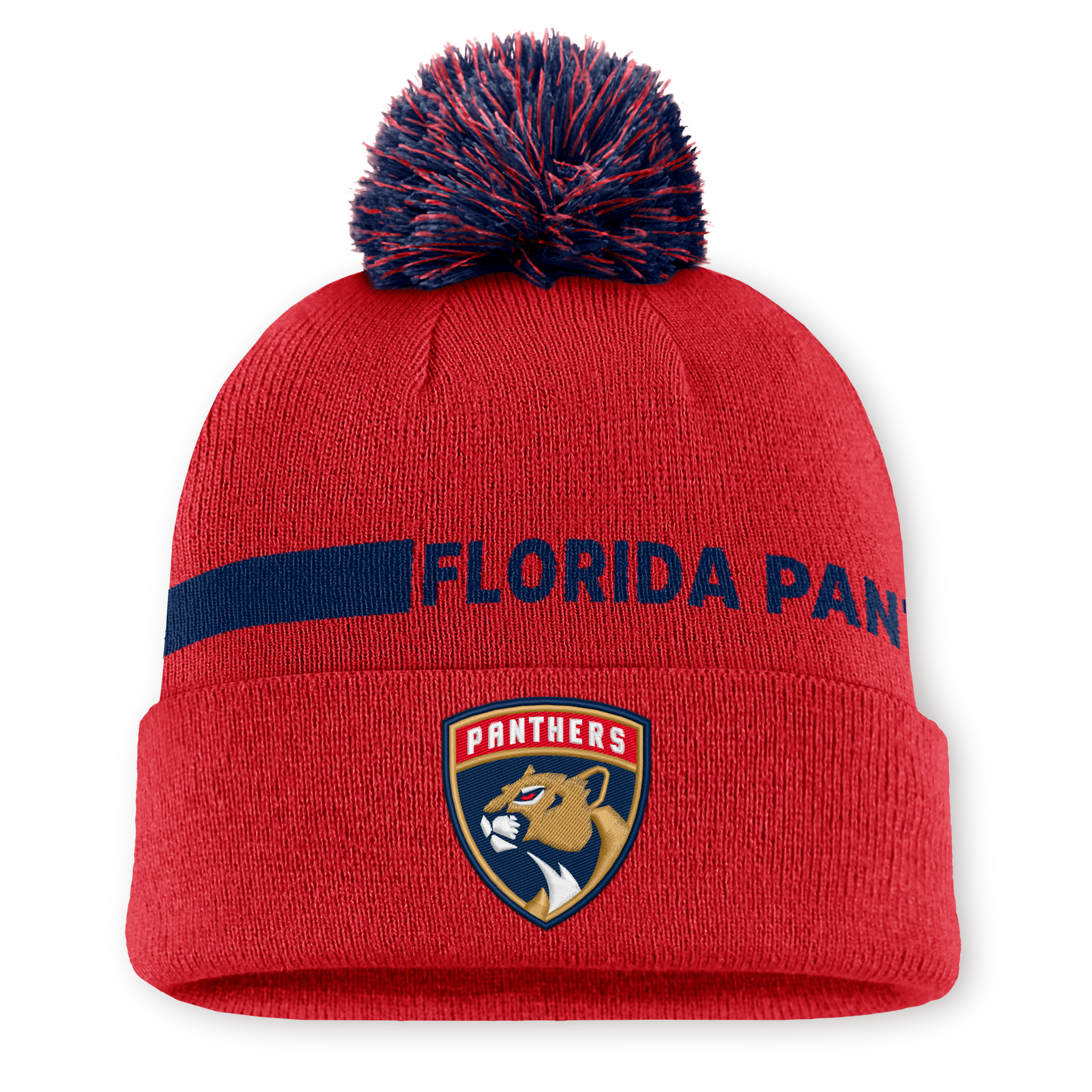 Bonnet à revers Fanatics rouge Florida Panthers Authentic Pro Rink pour homme avec pompon