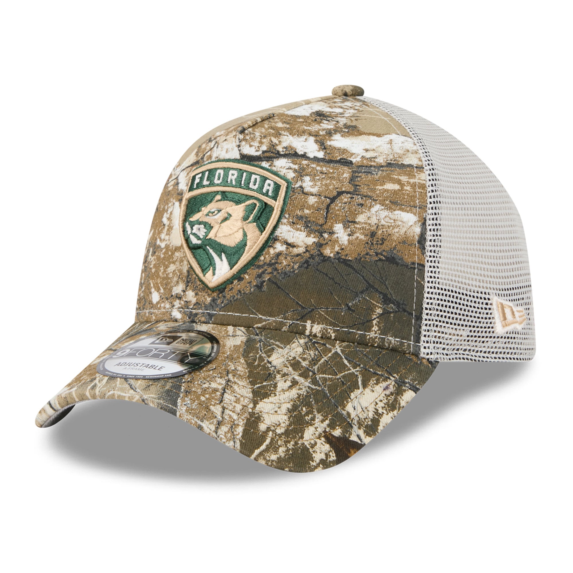 Casquette trucker ajustable New Era 9FORTY camouflage Florida Panthers Real Tree pour homme