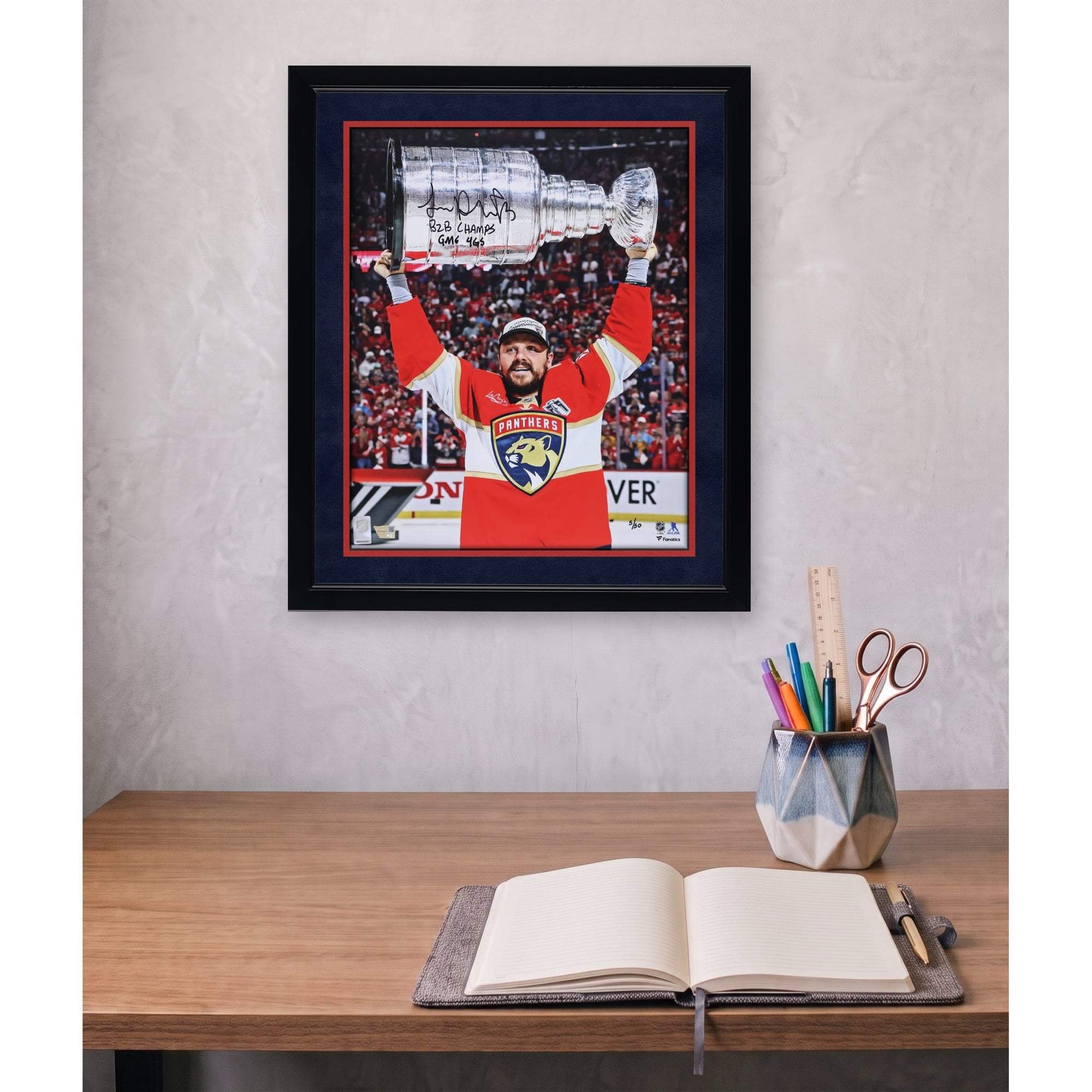 Sam Reinhart Florida Panthers Autographed 2025 Stanley Cup Champions 16" x 20" Raising Cup Photograph with Multiple Inscriptions - Limited Edition of 50