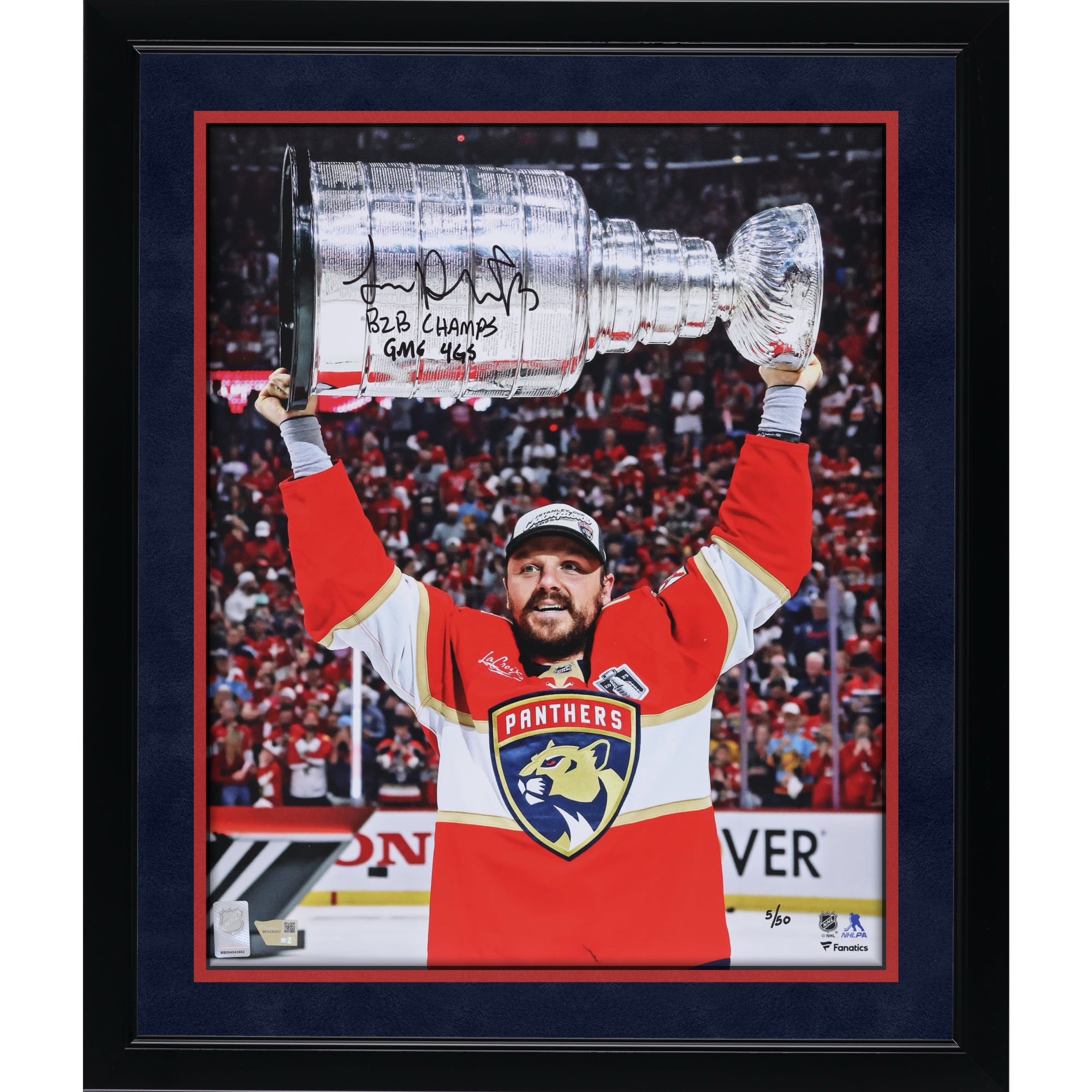 Sam Reinhart Florida Panthers Autographed 2025 Stanley Cup Champions 16" x 20" Raising Cup Photograph with Multiple Inscriptions - Limited Edition of 50