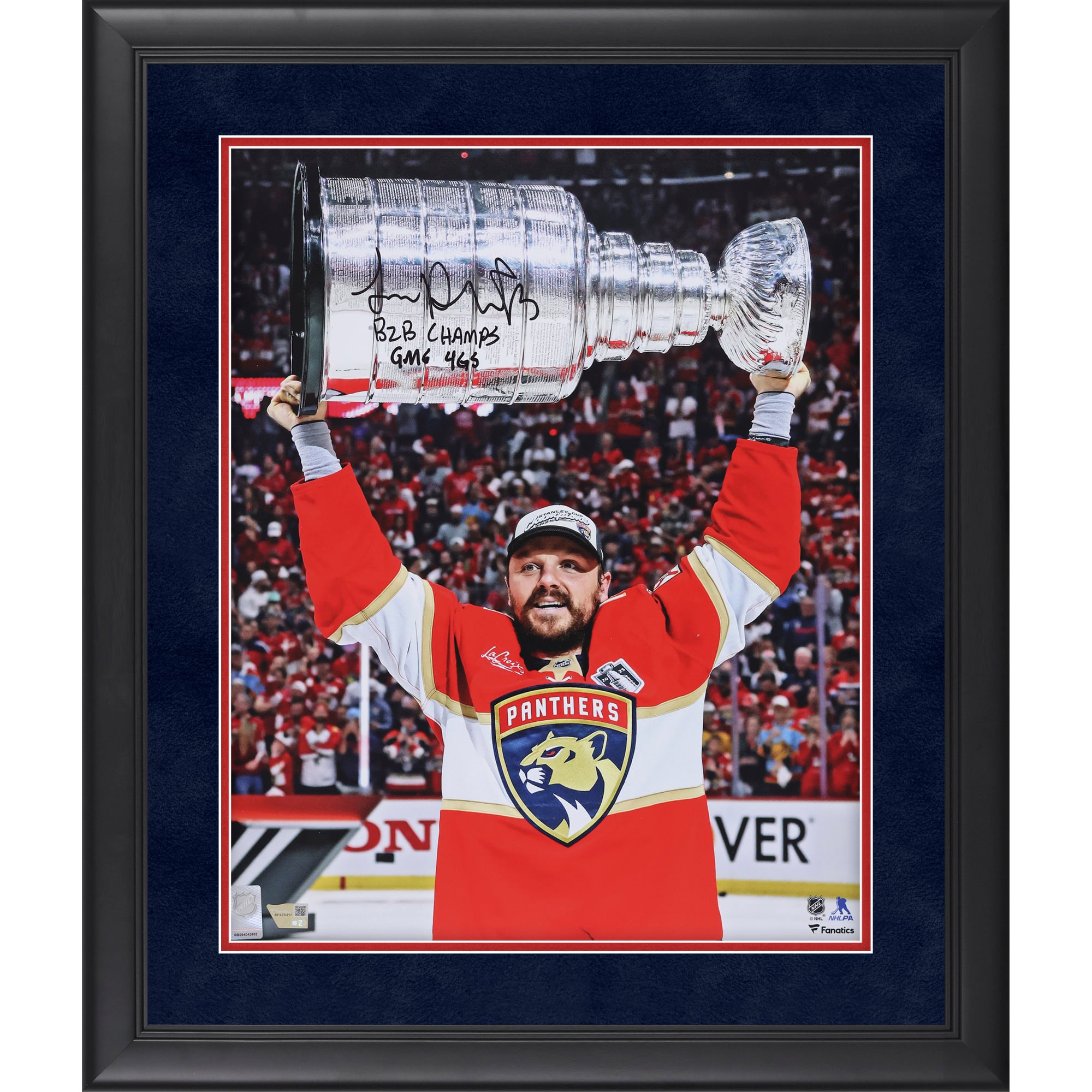 Sam Reinhart Florida Panthers Autographed Framed 16" x 20" 2025 Stanley Cup Champions Raising Cup Photograph with Multiple Inscriptions - Suede Mat Upgrade - Limited Edition of 50
