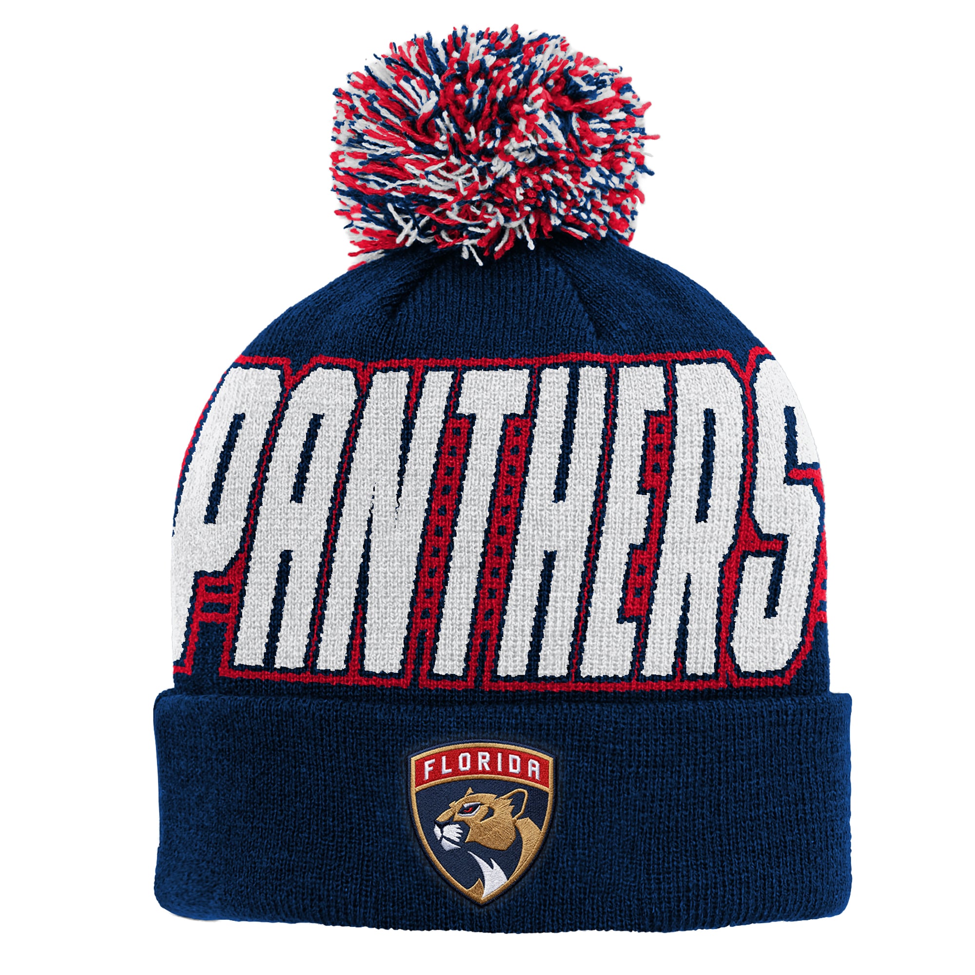 Bonnet tricoté à revers bleu marine Florida Panthers pour enfant Outerstuff avec pompon
