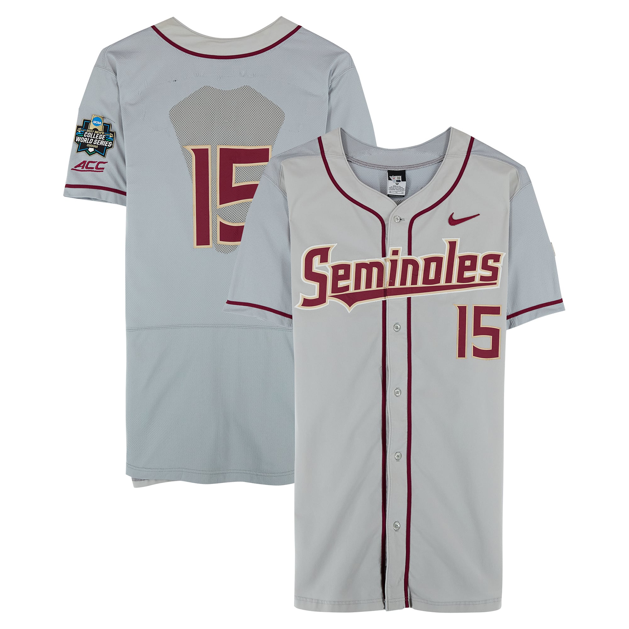 Florida State Seminoles Team-Issued #15 Gray Jersey from the 2017 College World Series - Size 46