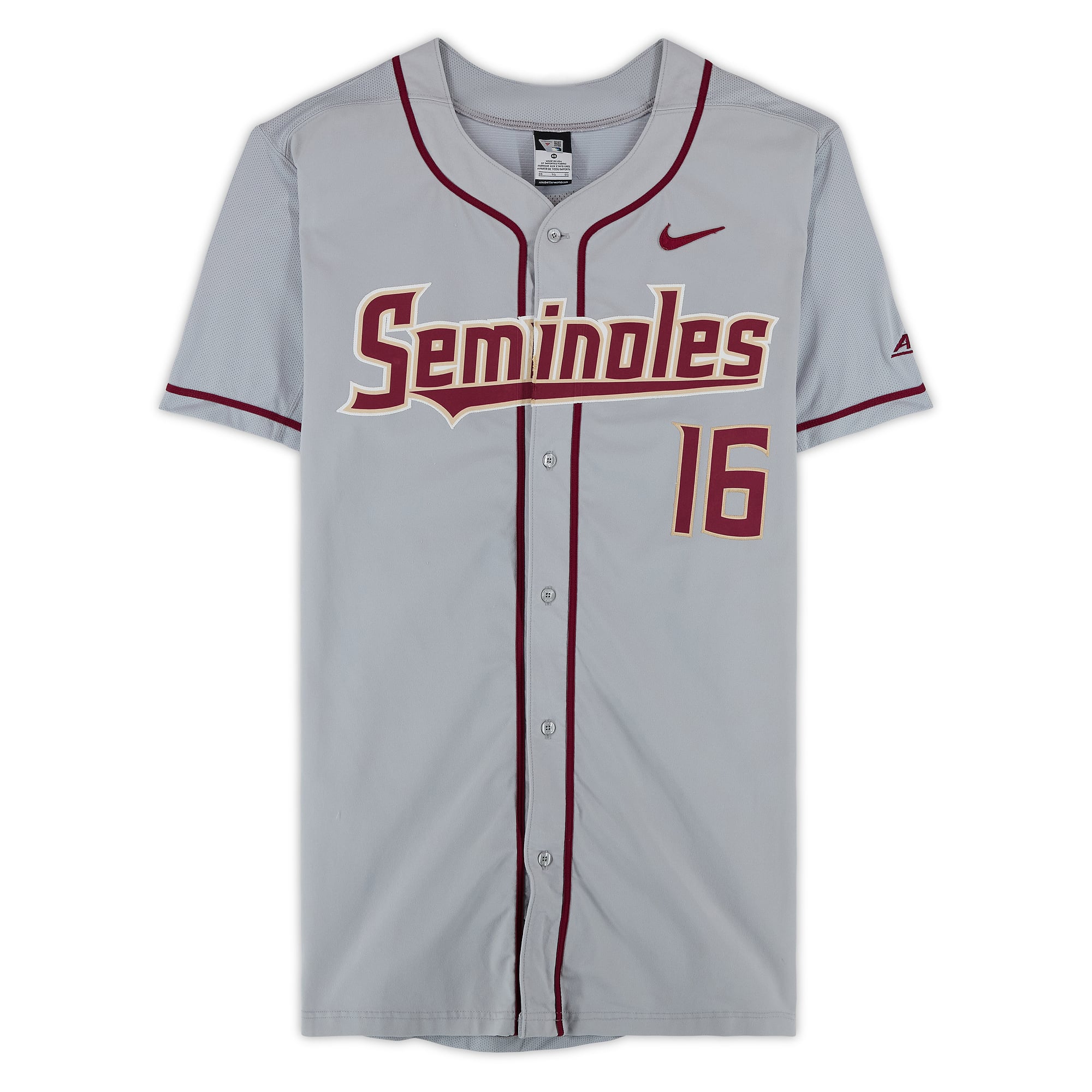 Florida State Seminoles Team-Issued #16 Gray Jersey from the Baseball Program - Size 46