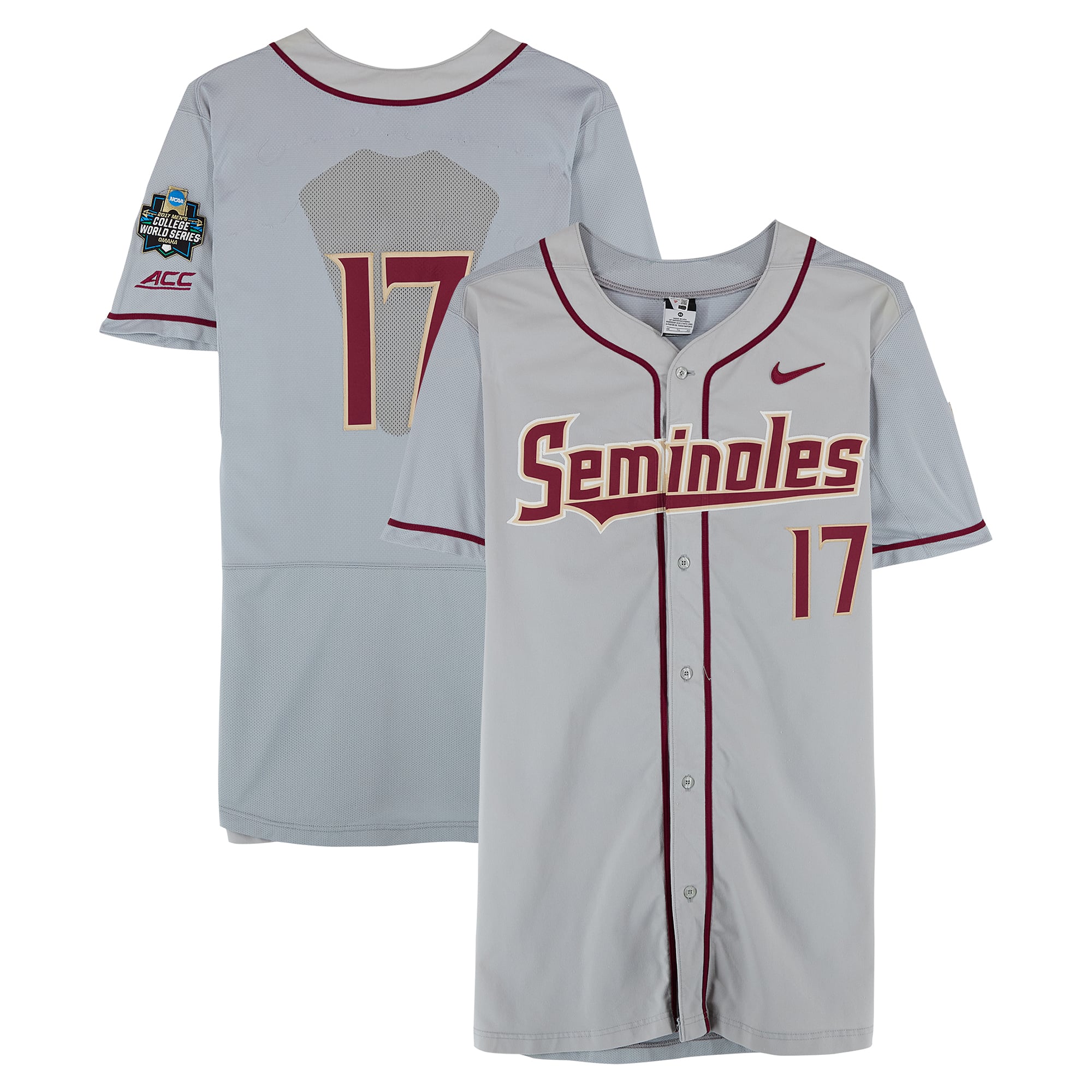 Florida State Seminoles Team-Issued #17 Gray Jersey from the 2017 College World Series - Size 46