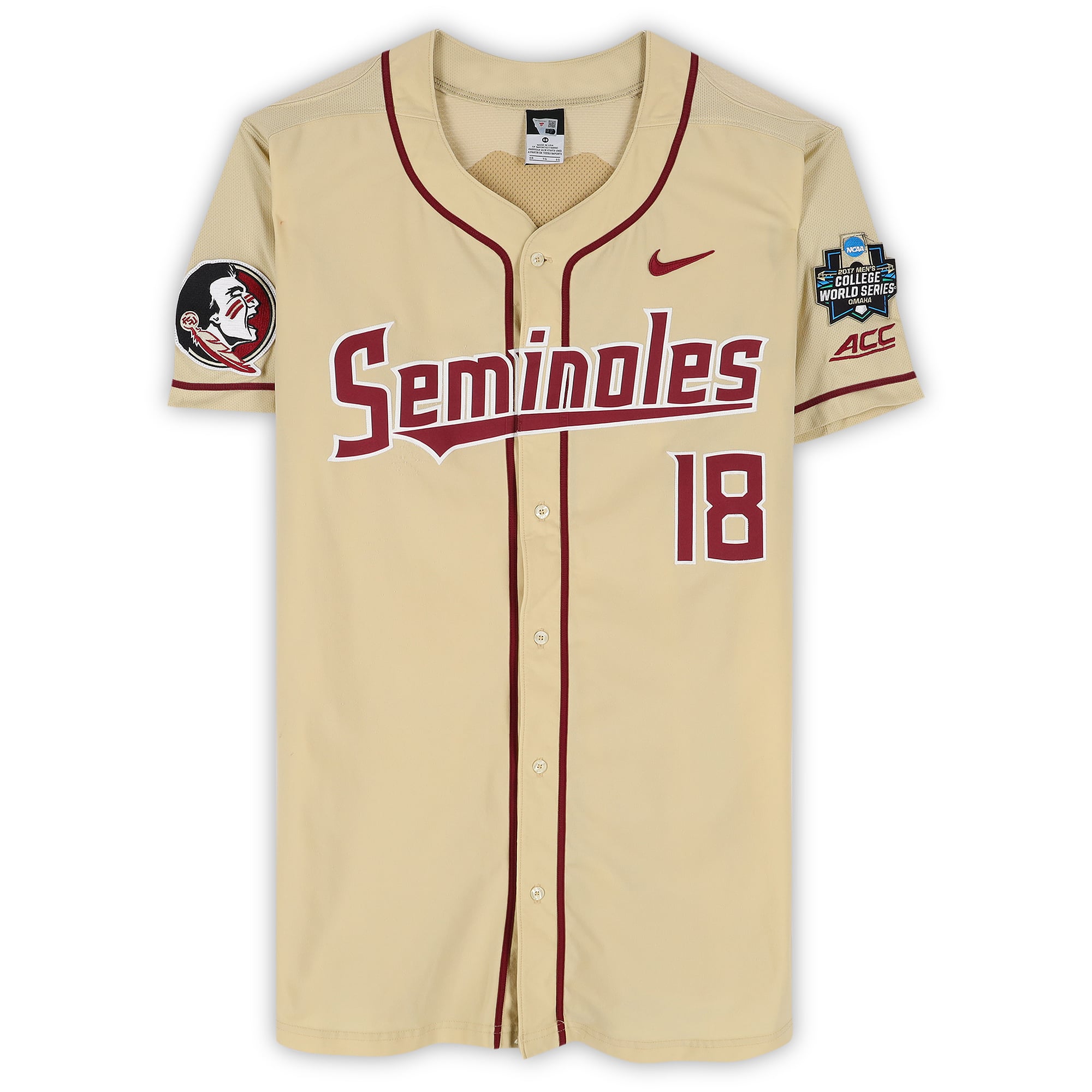 Florida State Seminoles Team-Issued #18 Gold Jersey from the 2017 College World Series - Size 48