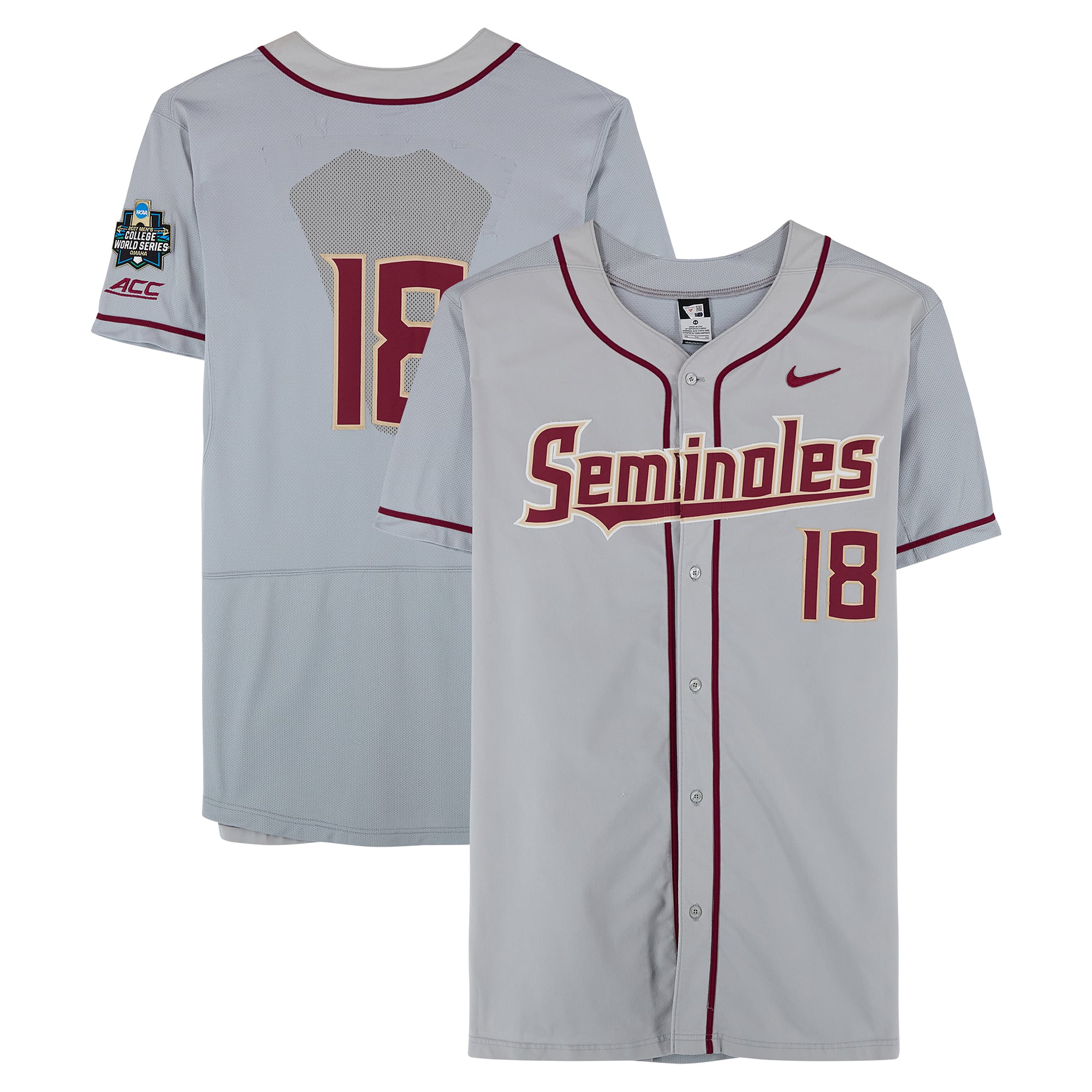 Florida State Seminoles Team-Issued #18 Gray Jersey from the 2017 College World Series - Size 48