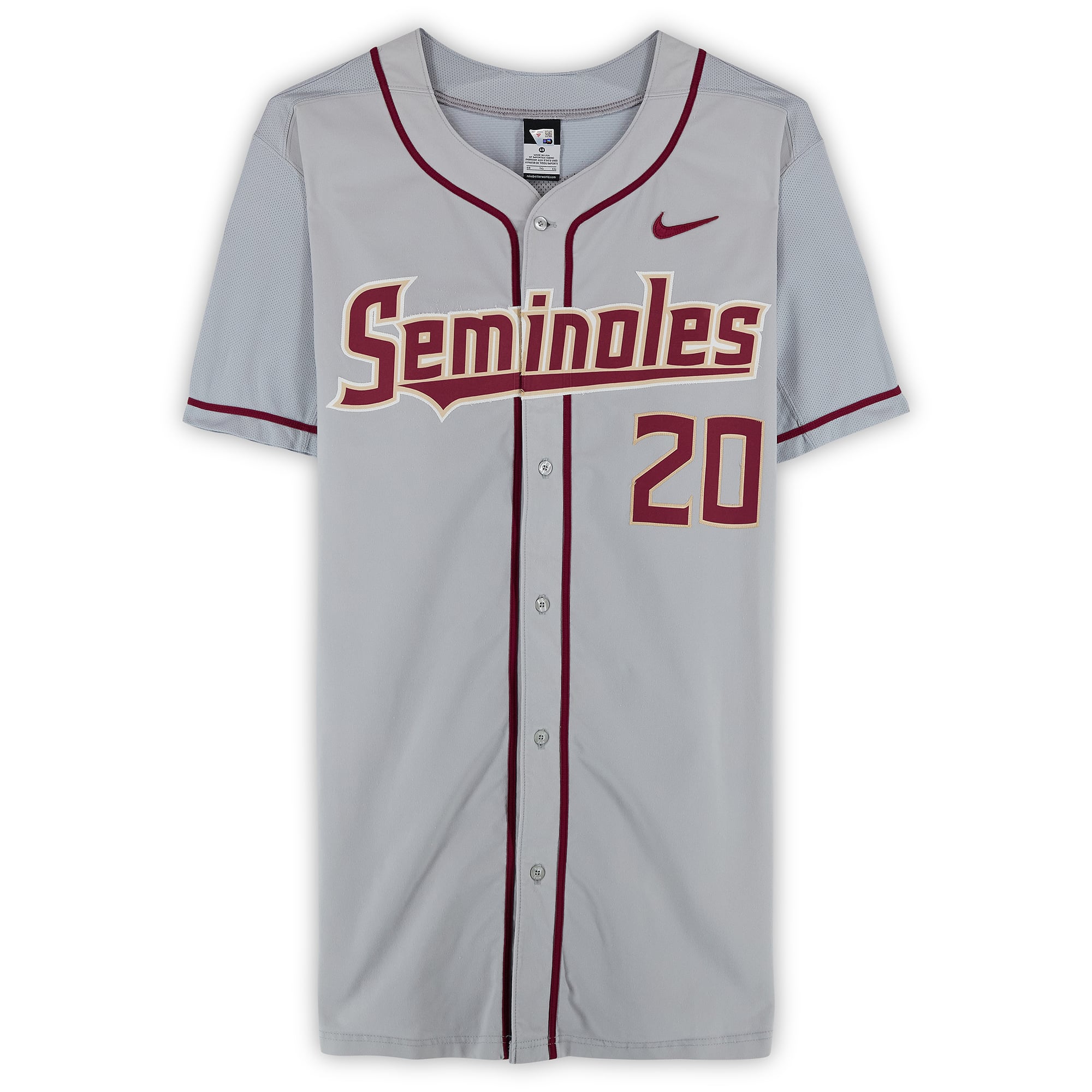Florida State Seminoles Team-Issued #20 Gray Jersey from the 2017 College World Series - Size 48