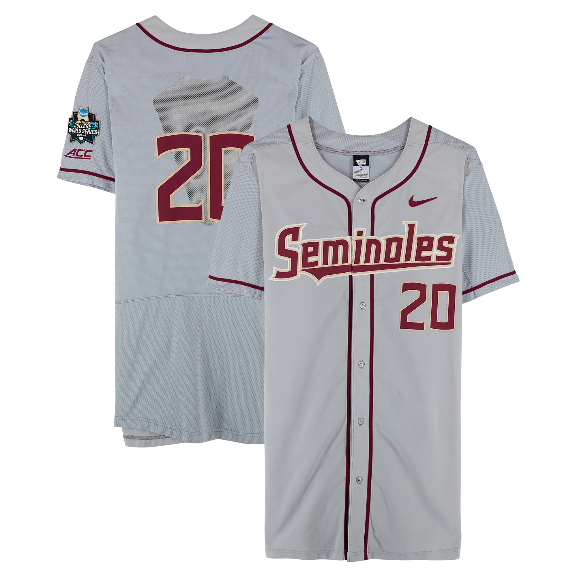 Florida State Seminoles Team-Issued #20 Gray Jersey from the 2017 College World Series - Size 48