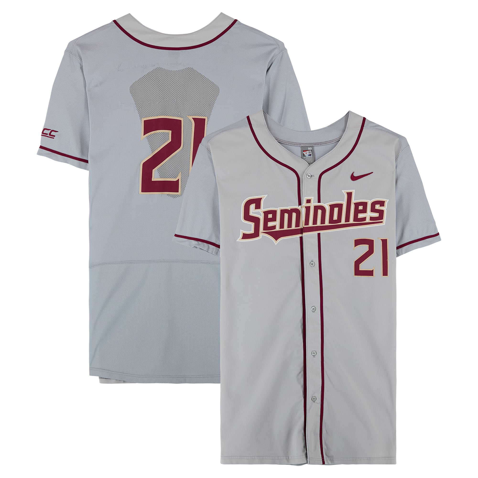 Maillot gris n° 21 de l'équipe des Seminoles de l'Université d'État de Floride - Taille 50