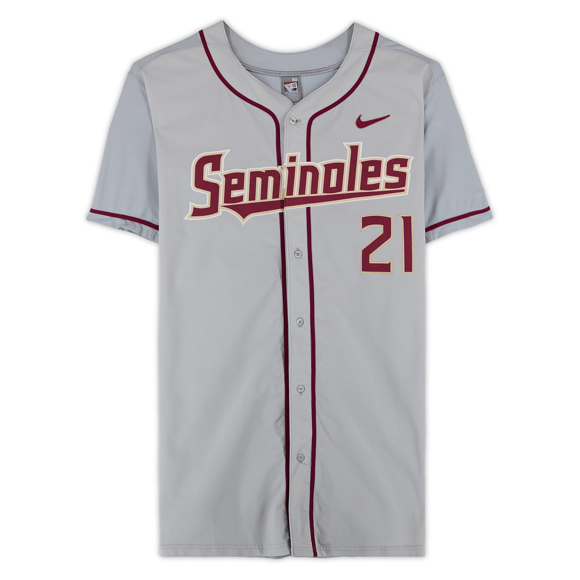 Maillot gris n° 21 de l'équipe des Seminoles de l'Université d'État de Floride - Taille 50