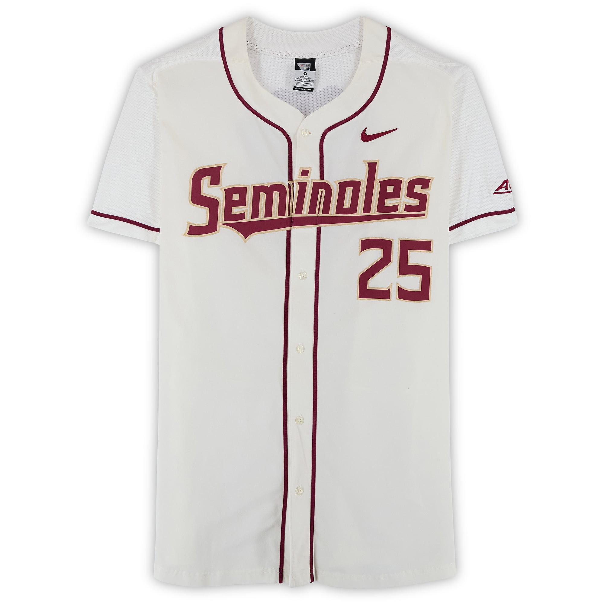 Florida State Seminoles Team-Issued #25 White Jersey from the Baseball Program - Size 46