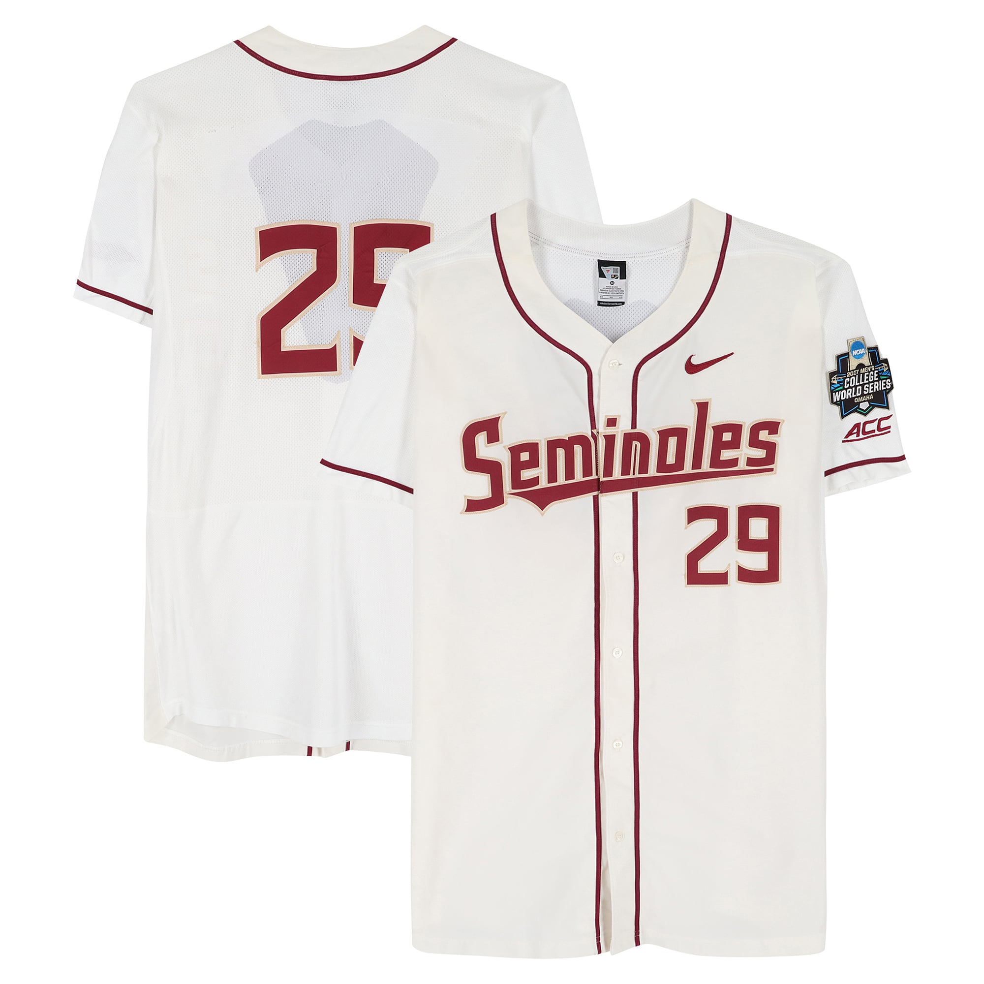 Maillot blanc officiel n° 29 des Florida State Seminoles, taille 48, porté lors des College World Series 2017.