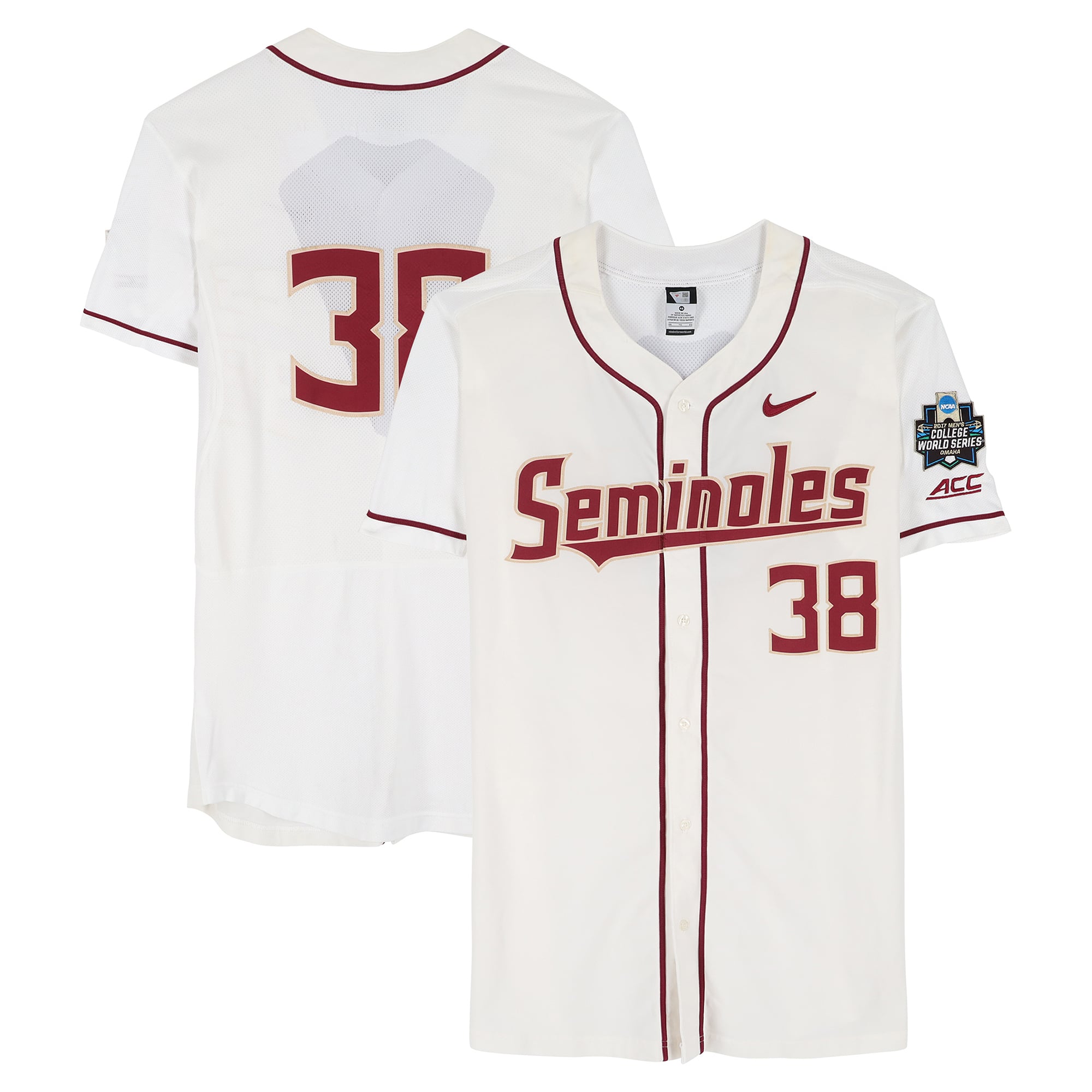 Maillot blanc officiel n° 38 des Florida State Seminoles, taille 46, porté lors des College World Series 2017