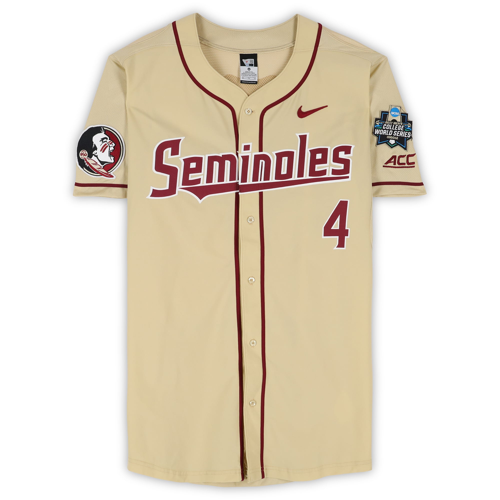 Florida State Seminoles Team-Issued #4 Gold Jersey from the 2017 College World Series - Size 46