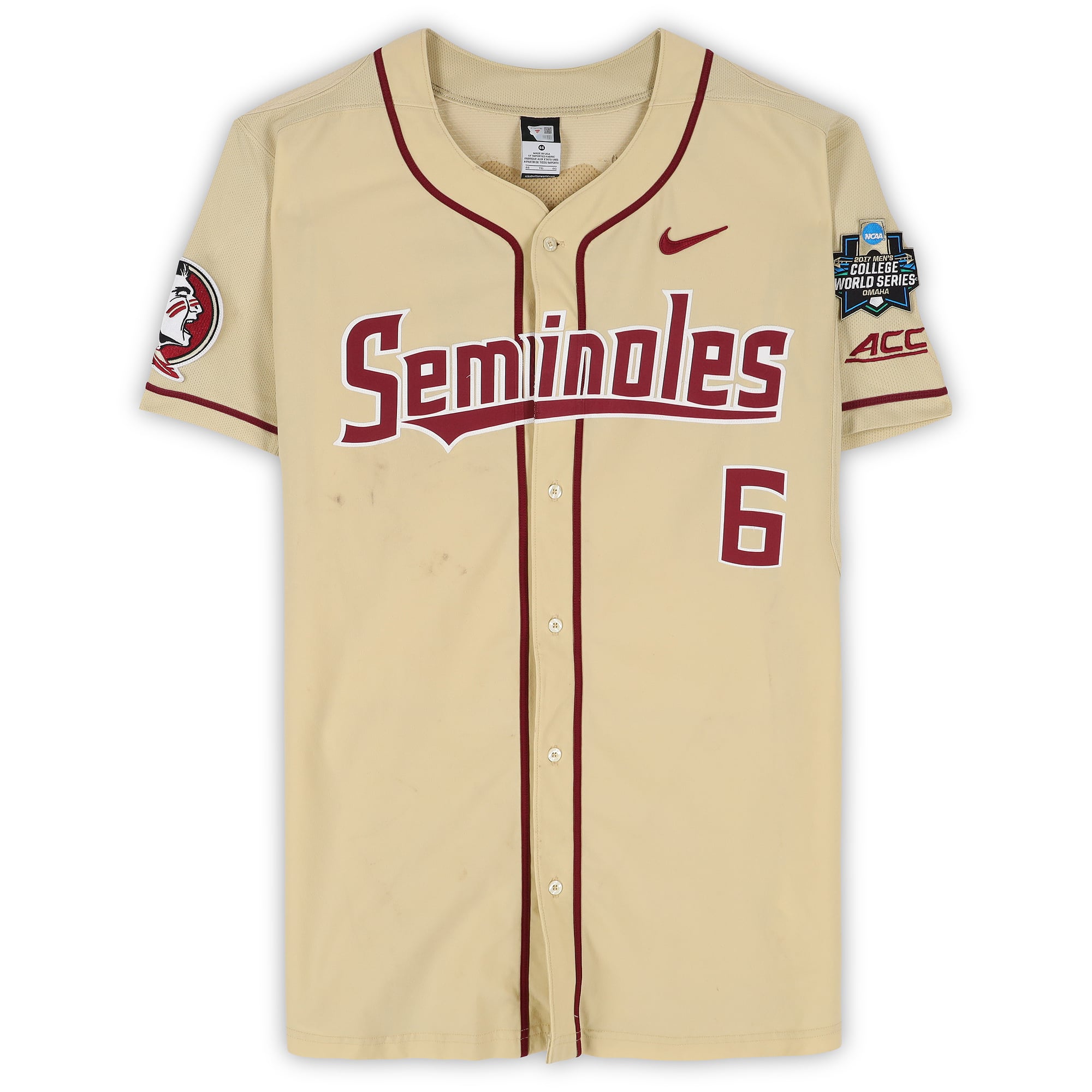 Florida State Seminoles Team-Issued #6 Gold Jersey from the 2017 College World Series - Size 46