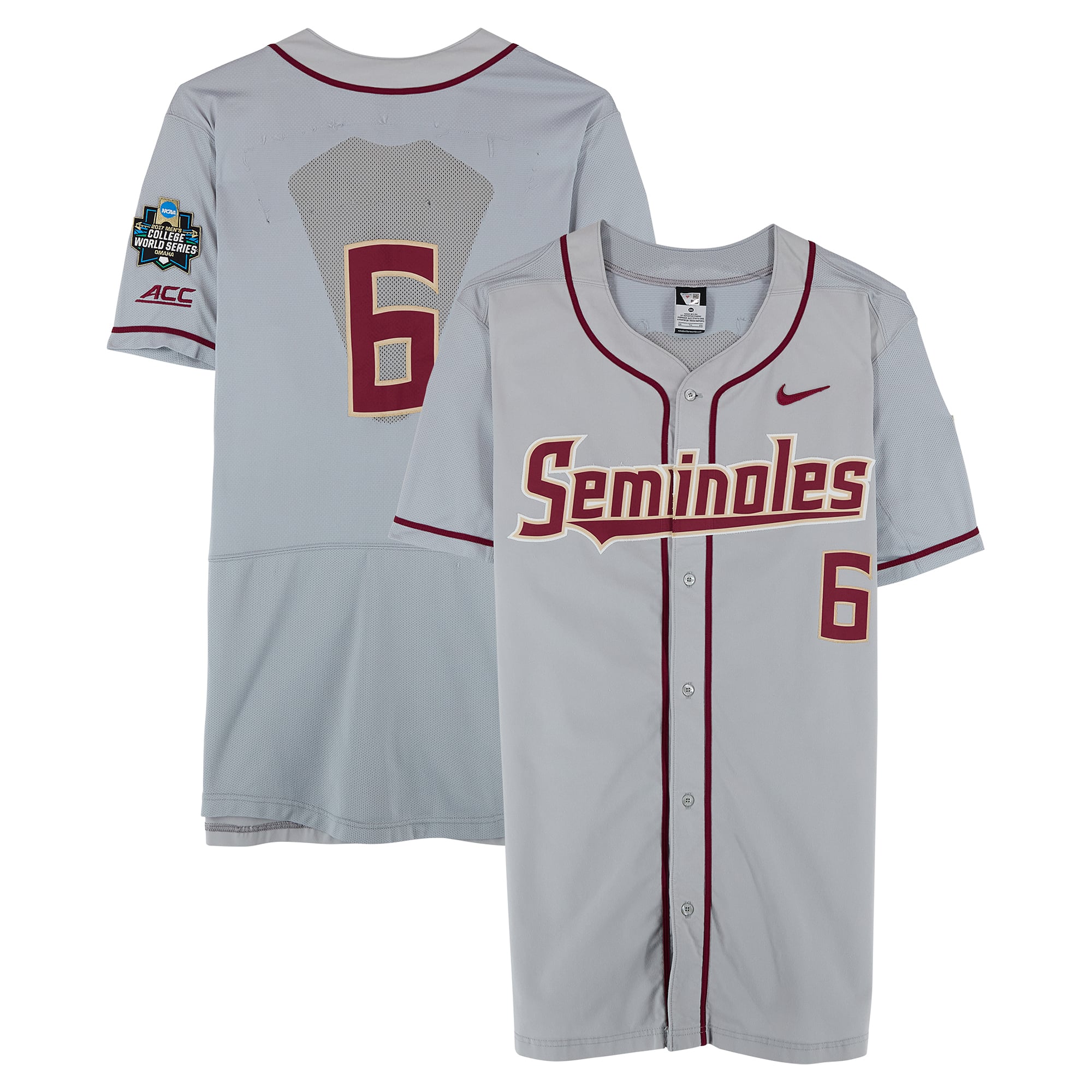 Florida State Seminoles Team-Issued #6 Gray Jersey from the 2017 College World Series - Size 46